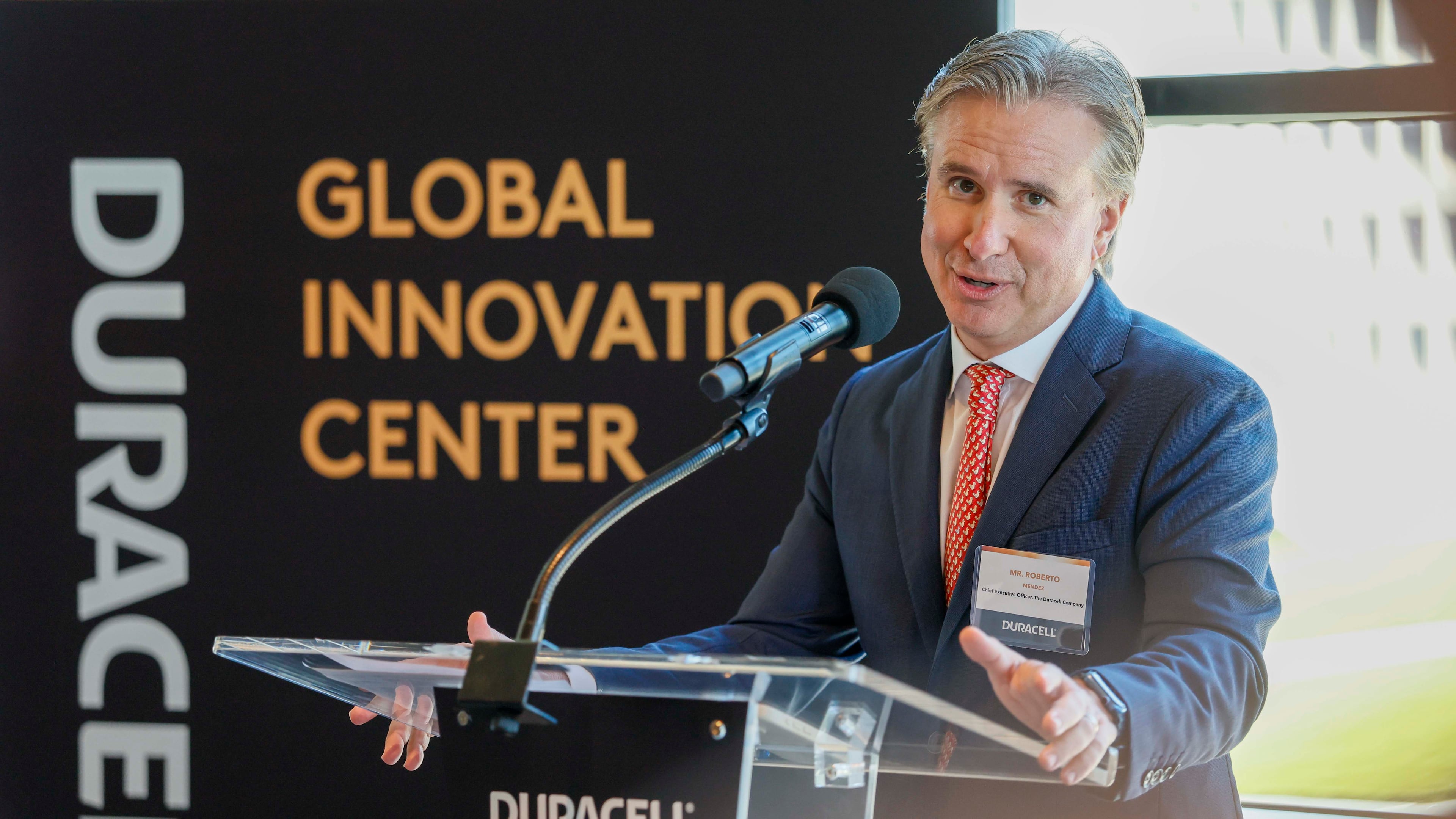 Duracell CEO Roberto Mendez delivers remarks Tuesday, Oct. 6, 2026, before the ribbon-cutting ceremony for the new Duracell global research and development hub at Science Square in Atlanta. (Miguel Martinez/AJC)