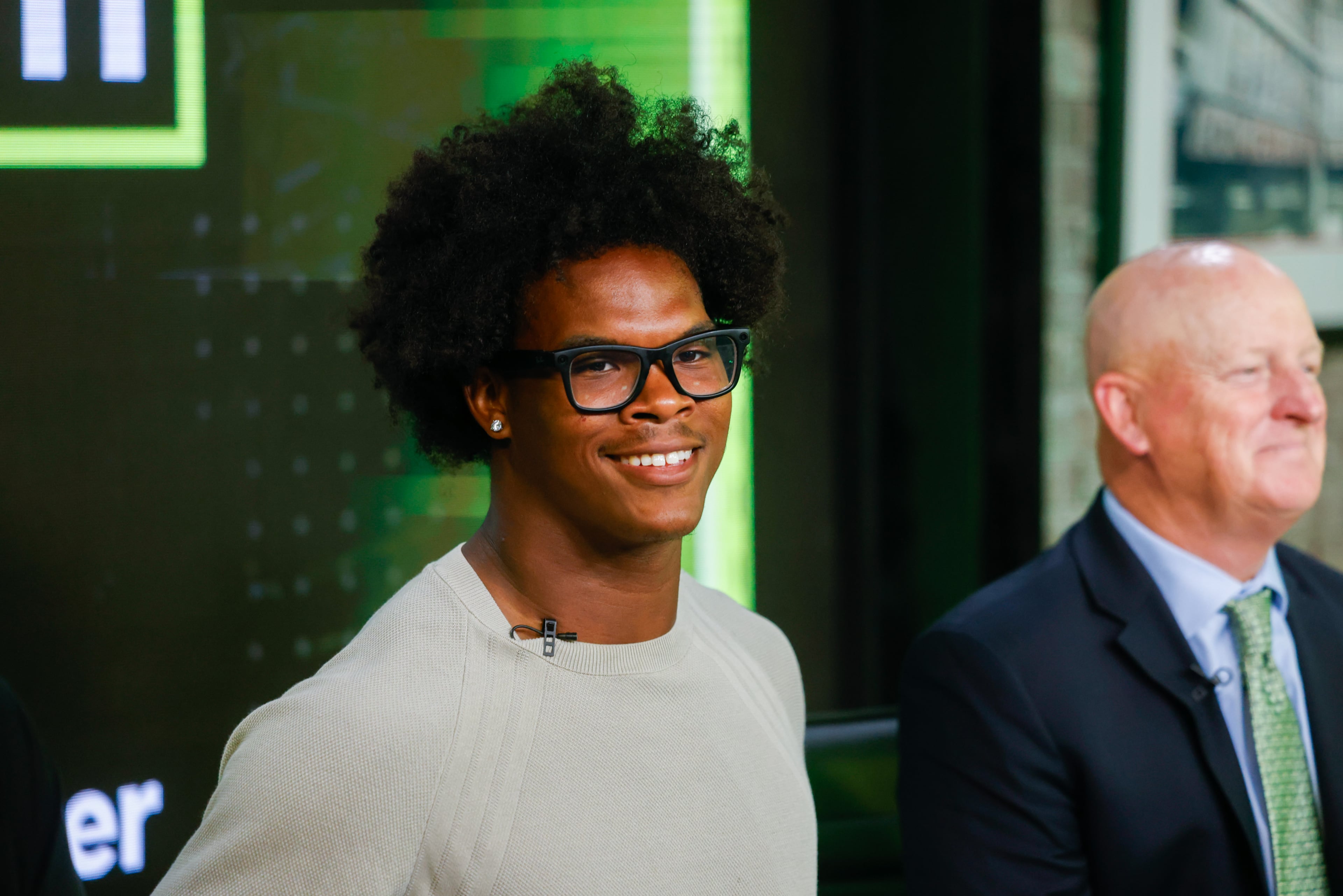 Blessed Trinity’s DJ Jacobs, a 2026 Super 11 honoree, appears during the taping of the Super 11 reveal show at Score ATL in Roswell on Aug. 3, 2026. (Arvin Temkar/AJC)