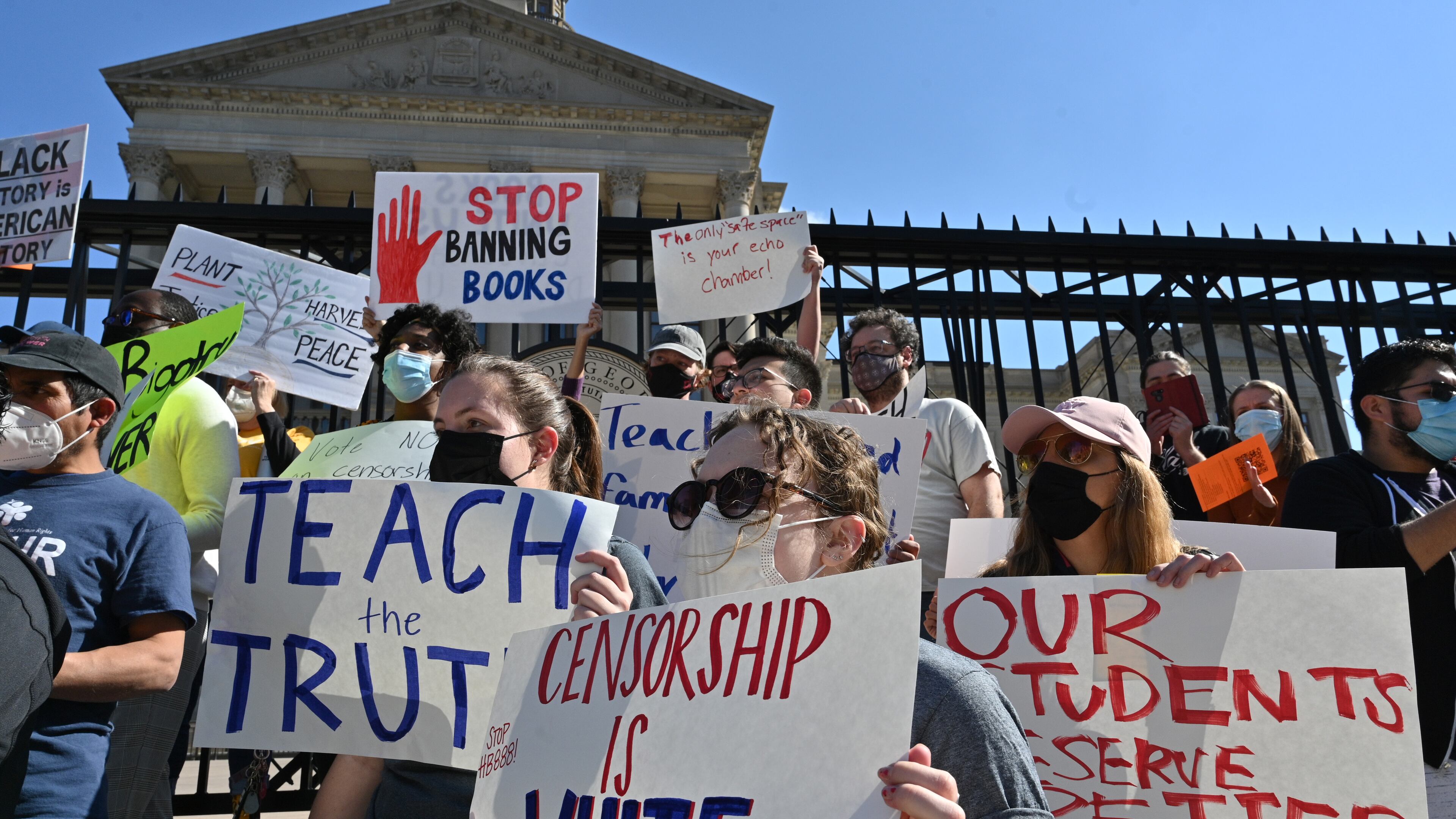 Educators rally outside the Georgia State Capitol on Saturday, Feb. 12, 2022, against proposed legislation that would limit what teachers may teach. (Hyosub Shin/AJC)