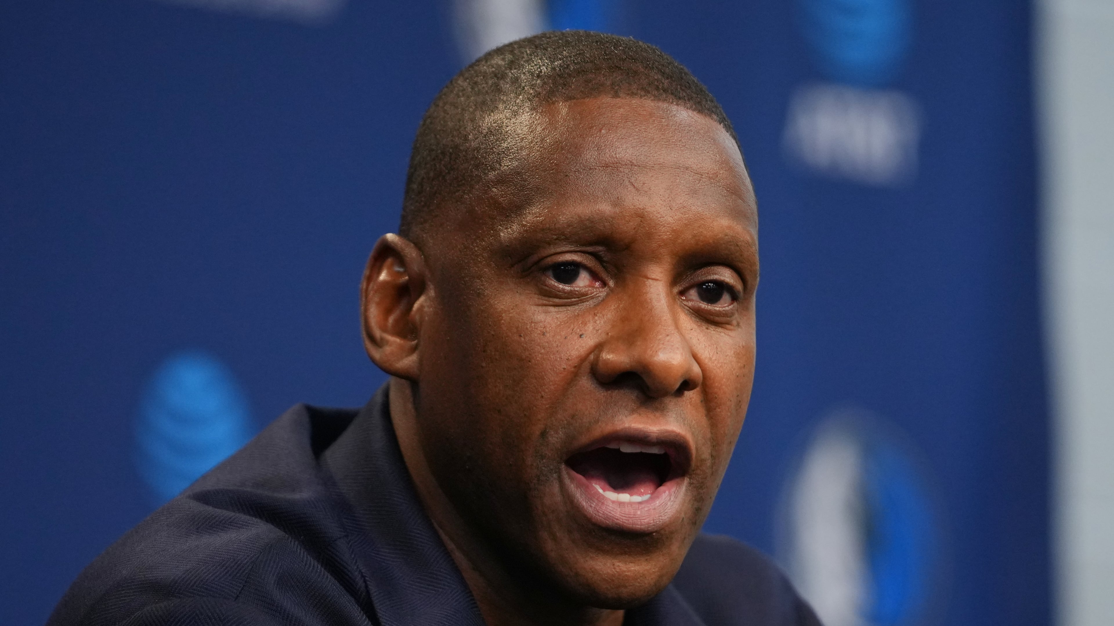 Mavericks President Masai Ujiri speaks to reporters during a news conference addressing the departure of the NBA basketball team's head coach Jason Kidd, Wednesday, May 20, 2026, in Dallas. (AP Photo/Julio Cortez)