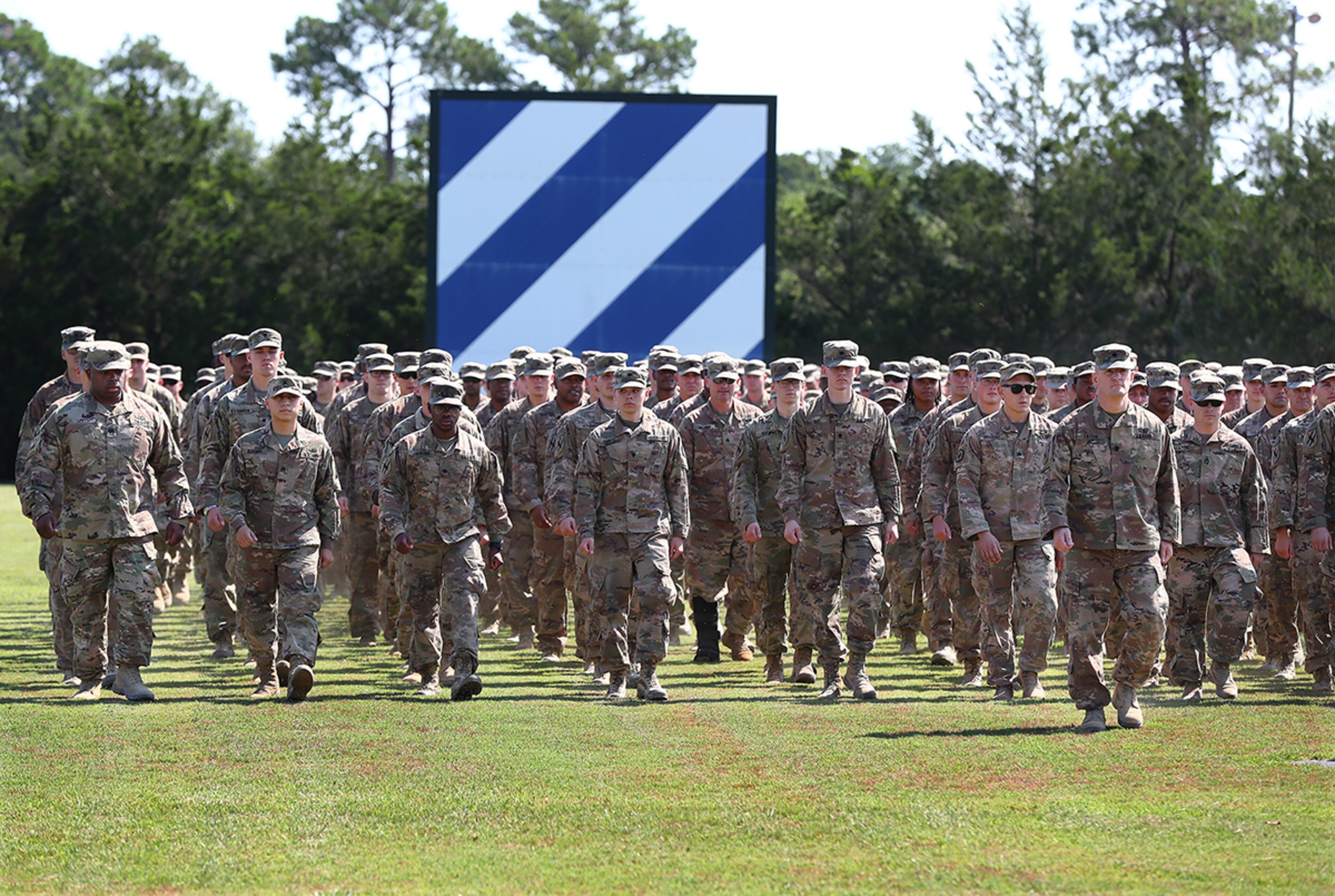 July 30, 2019 Fort Stewart: Soldiers of the 48th Infantry Brigade Combat Team representing units from across the state march across Cottrell Field as they return home from deployment to Afghanistan in support of Operation Resolute Support on Tuesday, July 30, 2019, at Fort Stewart. Curtis Compton/ccompton@ajc.com