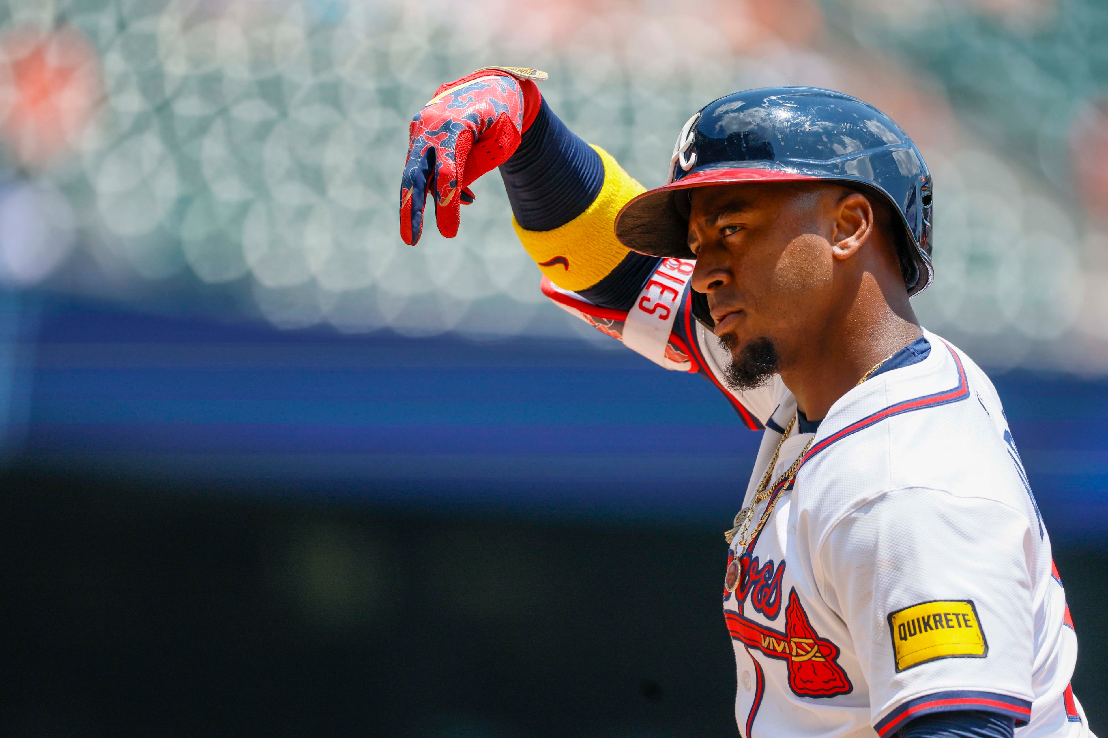 Atlanta Braves second base Ozzie Albies (1) reatcs after hitting a single during the ninth inning against the Baltimore Orioles at Truist Park on Sunday, July 6, 2025, in Atlanta.
(Miguel Martinez/ AJC)