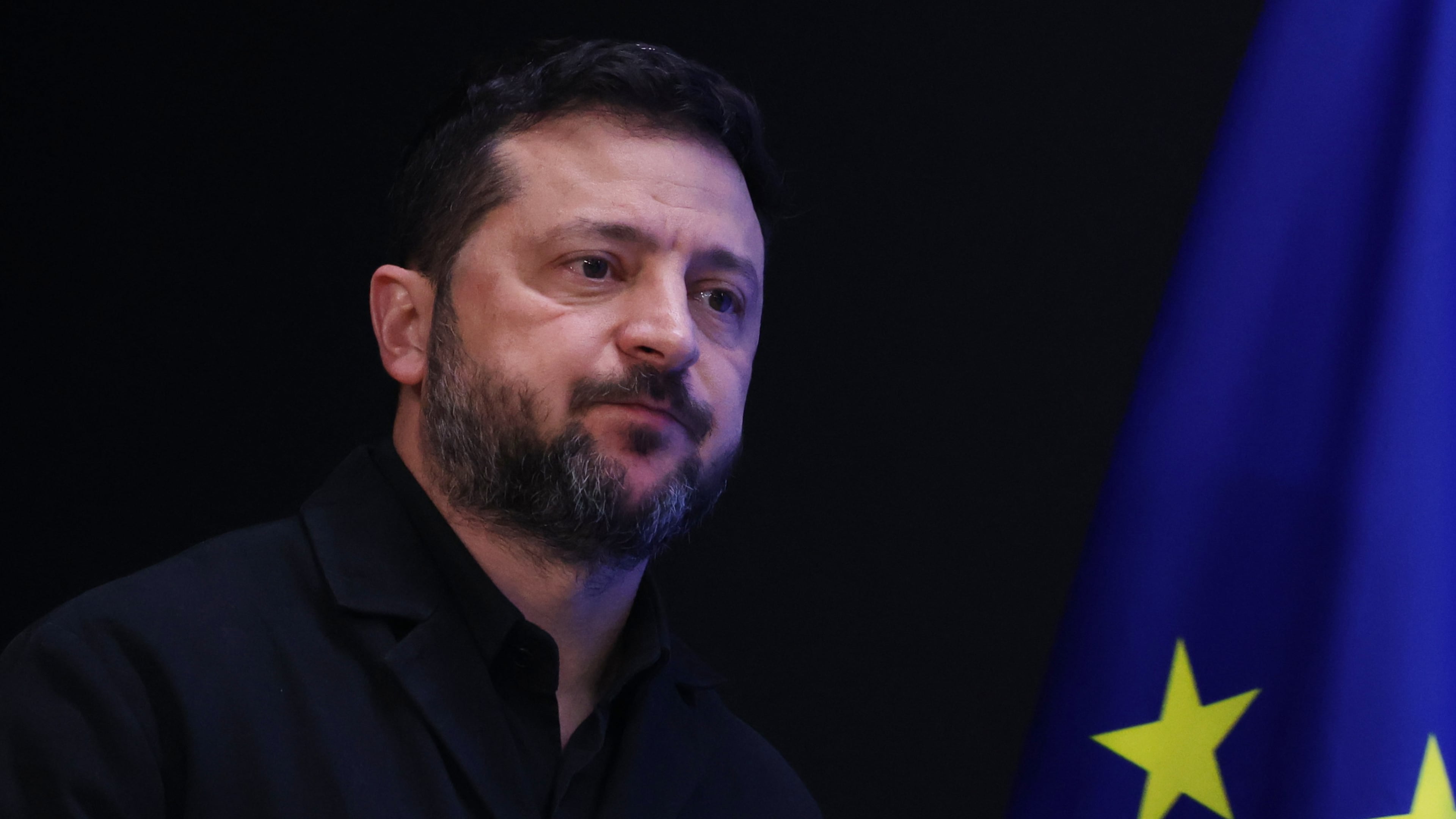 Ukraine's President Volodymyr Zelenskyy arrives for a media conference at the EU summit in Brussels, Friday, Oct. 16, 2026. (AP Photo/Omar Havana)