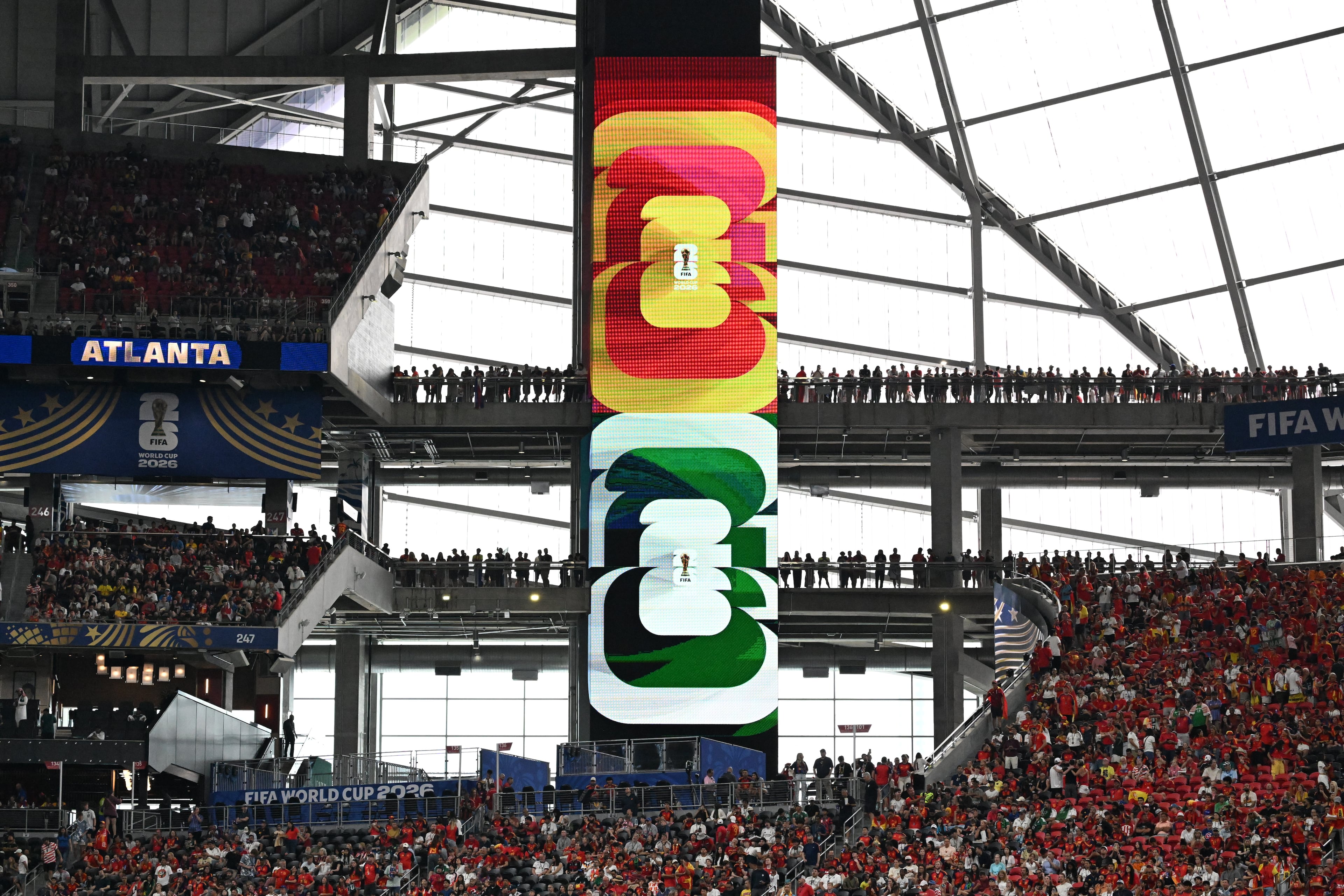 Fans fill the stadium before the Spain vs. Saudi Arabia World Cup match Sunday, June 21, 2026, at Atlanta Stadium. (Miguel Martinez/AJC)
