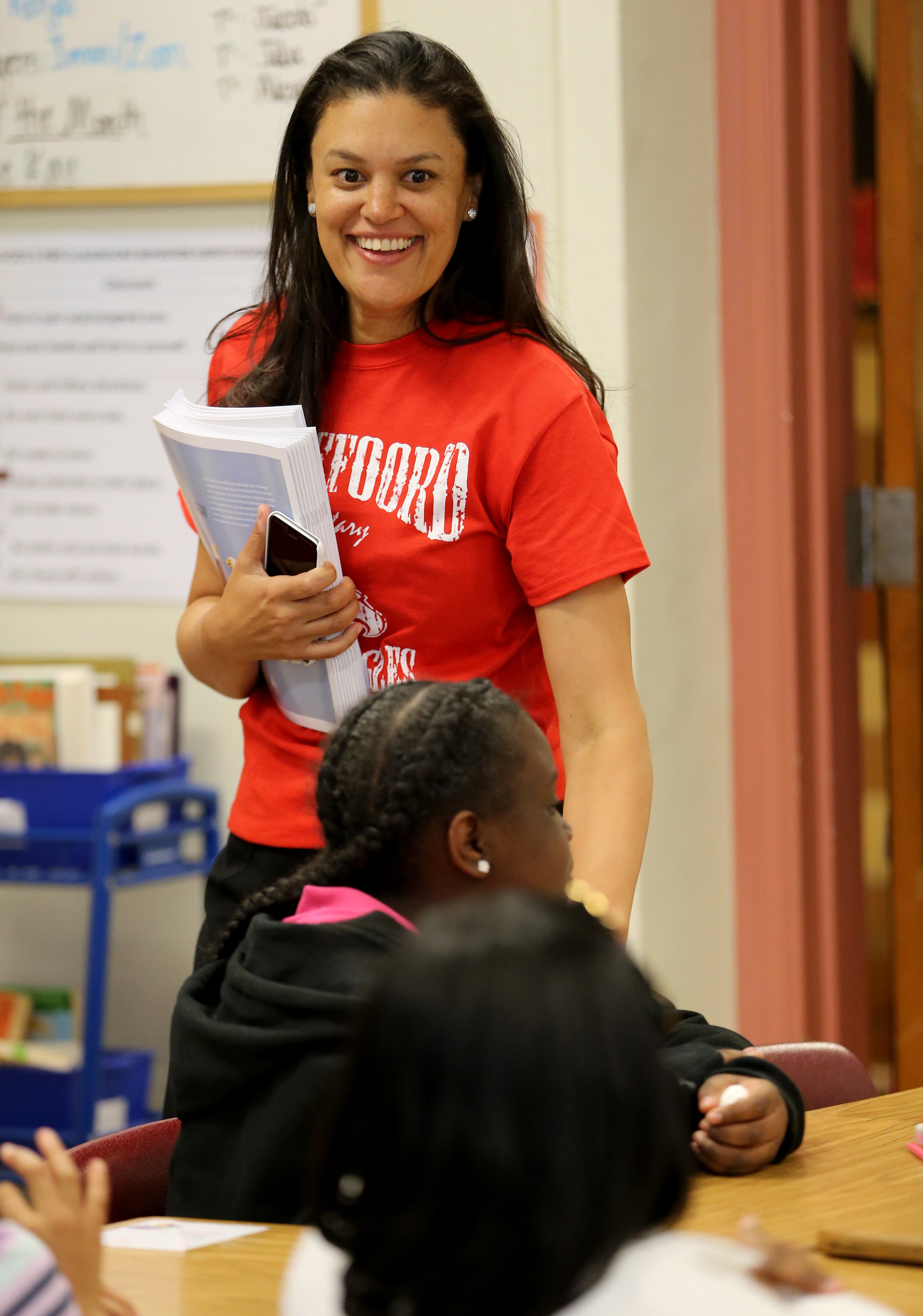 February 3, 2016, Atlanta: Atlanta Public Schools Superintendent Meria Carstarphen greets third grade students at Whitefoord Elementary School during a Read Across America and Get Georgia Reading event Thursday morning March 3, 2016. Ben Gray / bgray@ajc.com