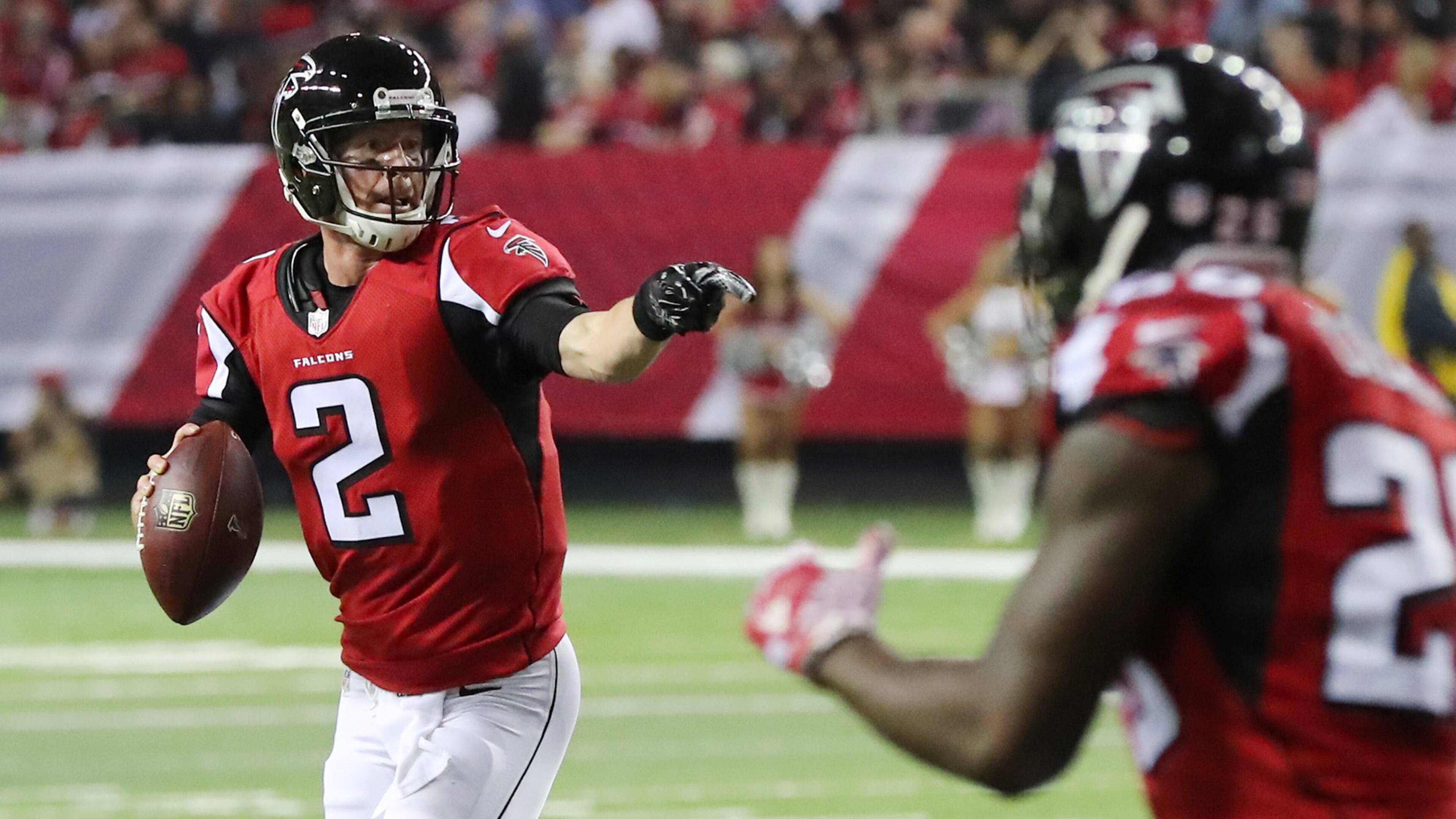 January 1, 2017, Atlanta: ââ¬â MVP??? ââ¬â Falcons quarterback Matt Ryan directs his receivers during the second half in a 38-32 victory over the Saints in an NFL football game on Sunday, Jan. 1, 2017, in Atlanta. Curtis Compton/ccompton@ajc.com