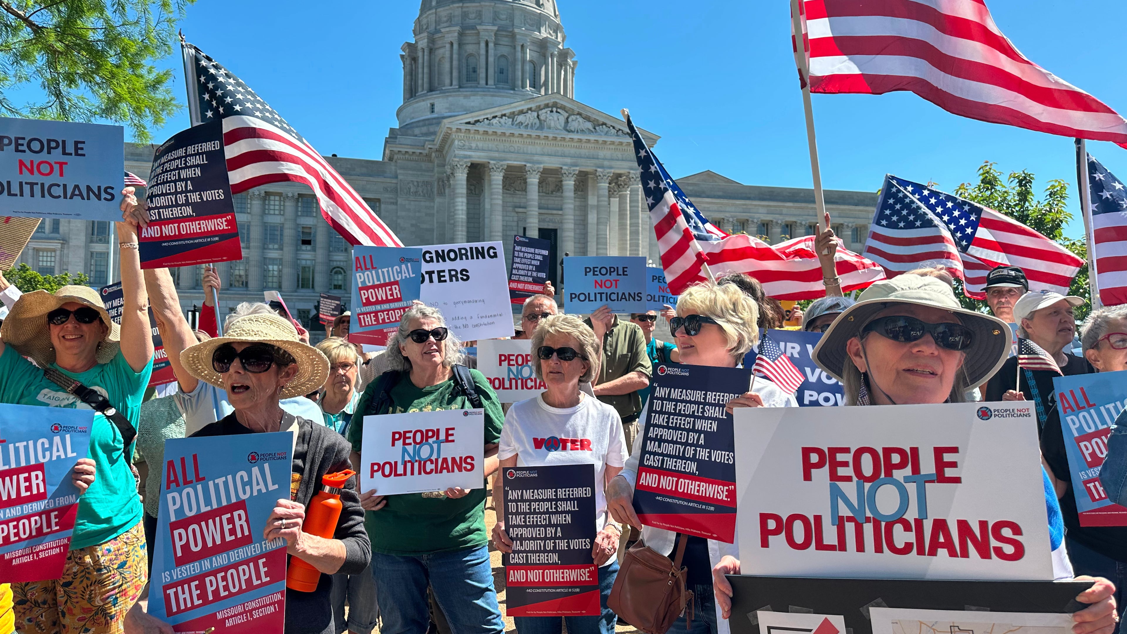 FILE - Protesters against a Missouri congressional redistricting plan gather outside the Missouri Capitol on May 12, 2026, in Jefferson City, Mo. (AP Photo/David A. Lieb, File)