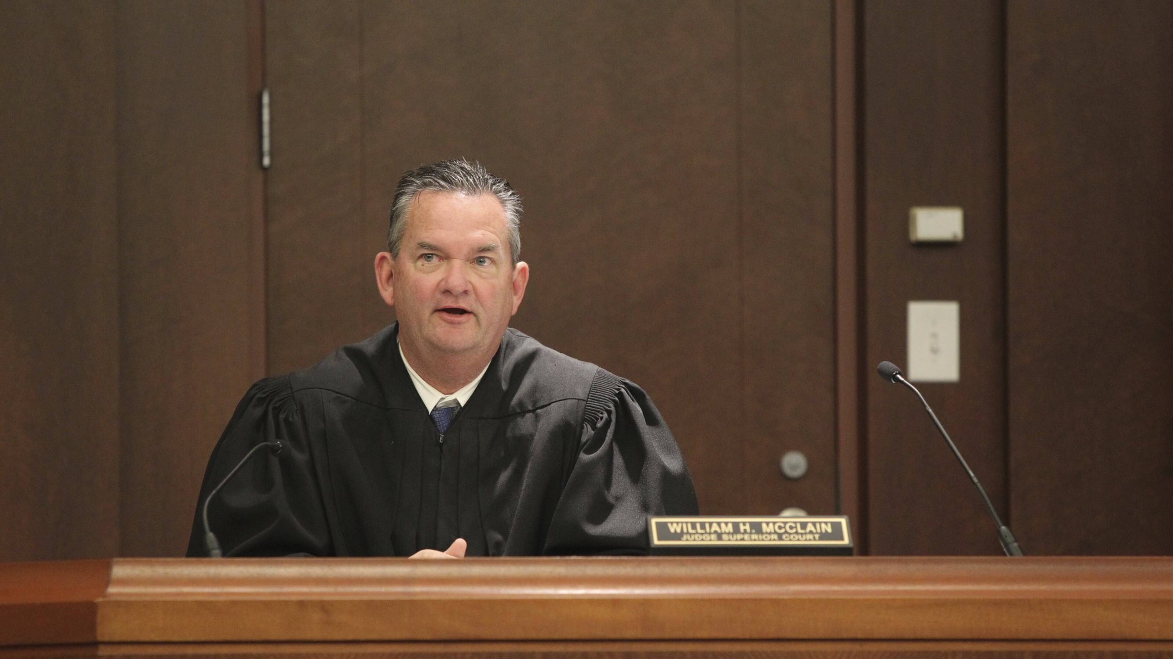 Superior Court Judge William McClain announces lengthy prison terms for Jose Torres and Kayla Norton at the Douglas County Courthouse in Douglasville on Monday, Feb. 27, 2017. Torres and Norton were part of a group of whites who terrorized a black child’s birthday party with Confederate flags, racial slurs and armed threats. (Henry P. Taylor/Atlanta Journal-Constitution via AP)