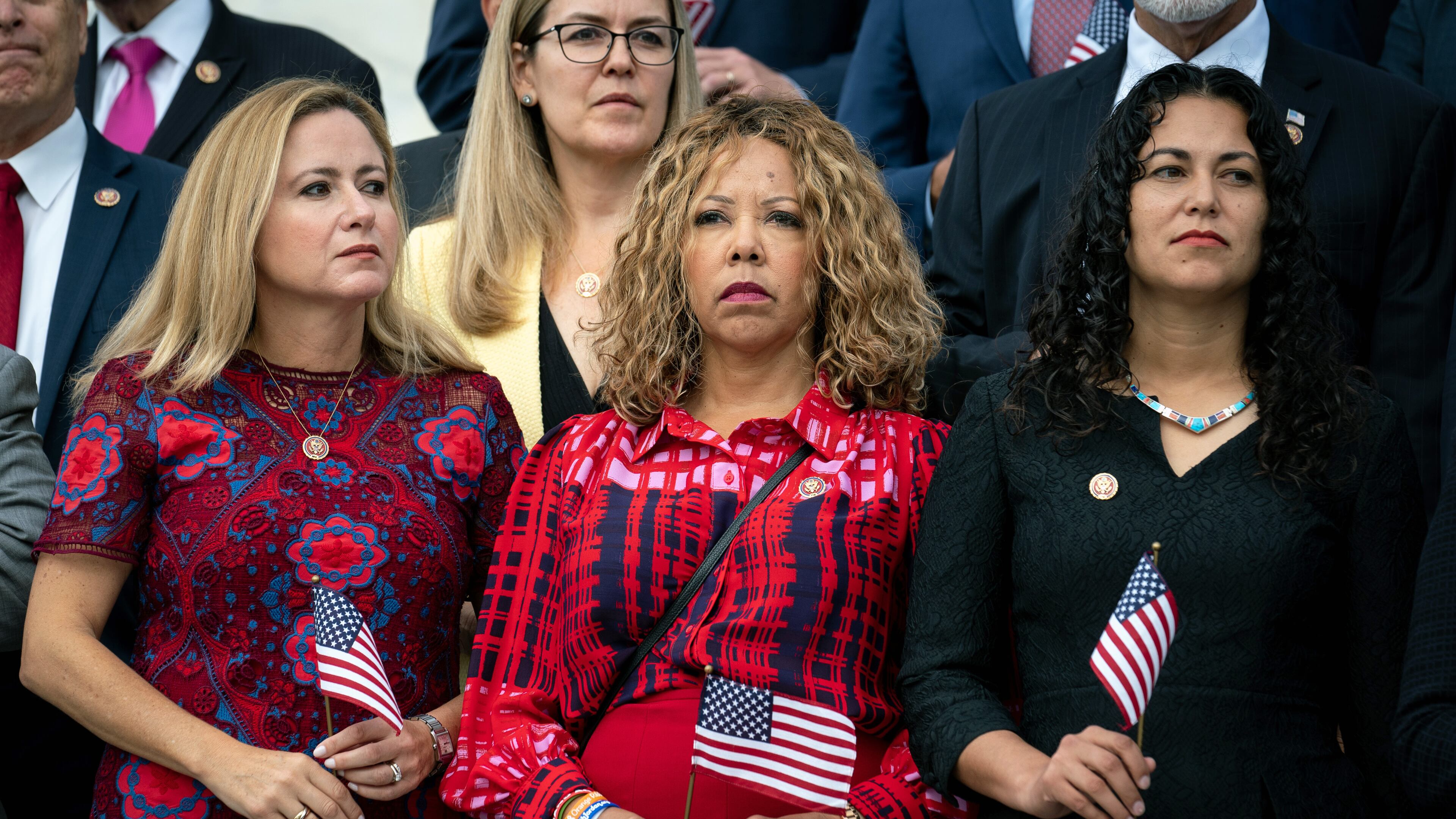 From left, Rep. Debbie Mucarsel-Powell (D-Fla.), Rep. Lucy McBath (D-Ga.) and Rep. Xochitl Torres Small (D-N.M.) join other members of the House of Representatives in observing a moment of silence at the Capitol on Wednesday, Sept. 11, 2019, to mark the 18th anniversary of the Sept. 11 terror attacks. (Erin Schaff/The New York Times)