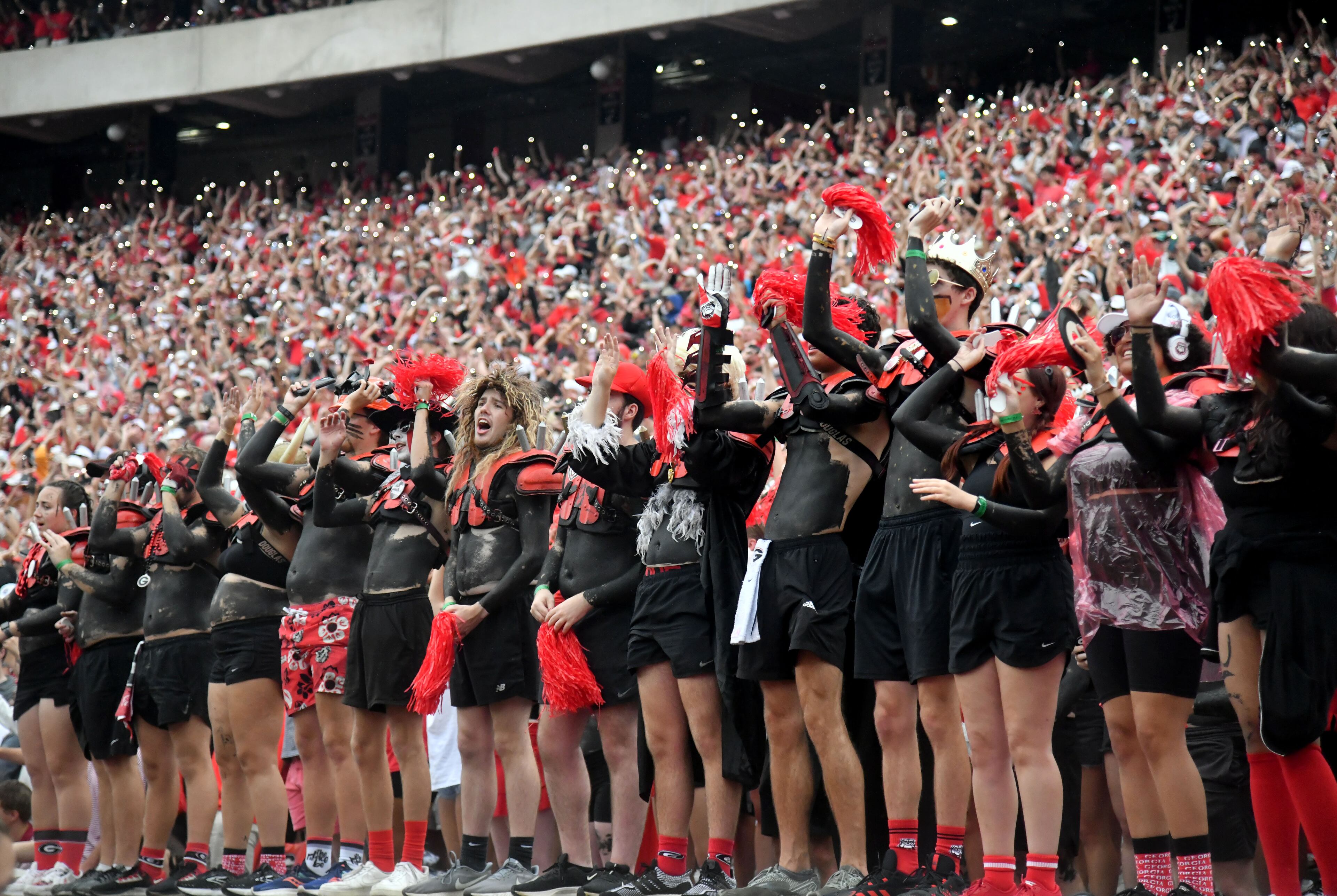 Georgia fans cheer during the second half in an NCAA football game at Sanford Stadium, Saturday, September 16, 2023, in Athens. Georgia won 24 - 14 over South Carolina. (Hyosub Shin / Hyosub.Shin@ajc.com)