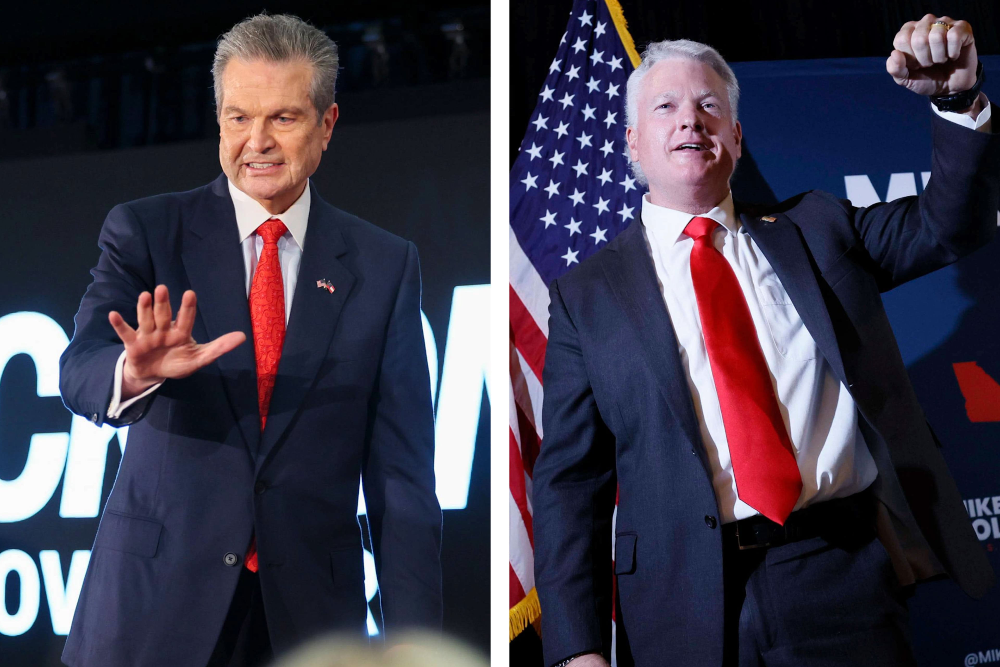 Republican gubernatorial nominee Rick Jackson (left) and Republican nominee for U.S. Senate Mike Collins made appearances at the Tillman Rally. (Jason Getz and Miguel Martinez/AJC)