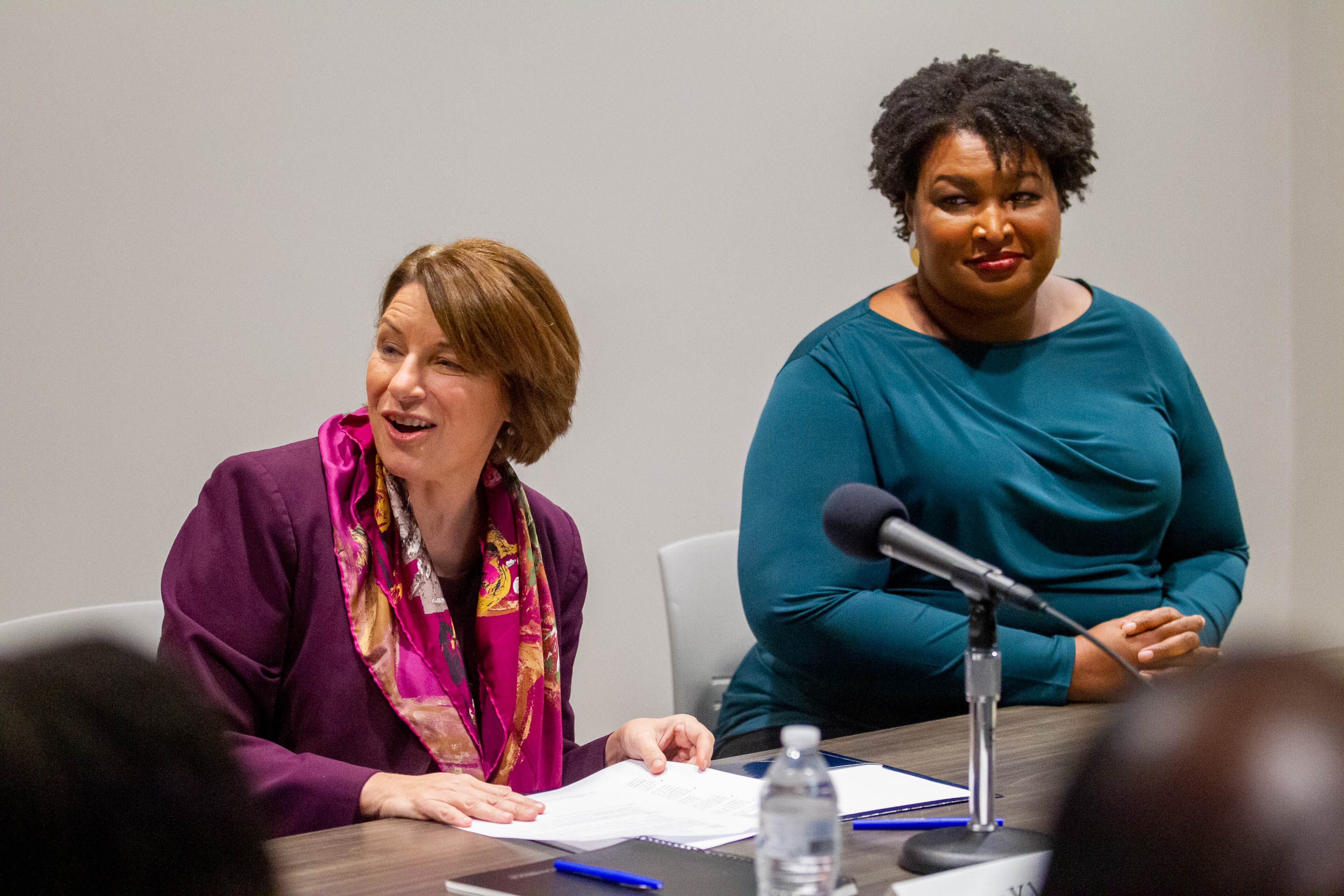 U.S. Sen. Amy Klobuchar (left) and Fair Fight Action founder Stacey Abrams join the discussion at the roundtable conversation on the obstacles to voting held at Smyrna Community Center on Sunday, July 18, 2021. (Photo: Steve Schaefer for The Atlanta Journal-Constitution)