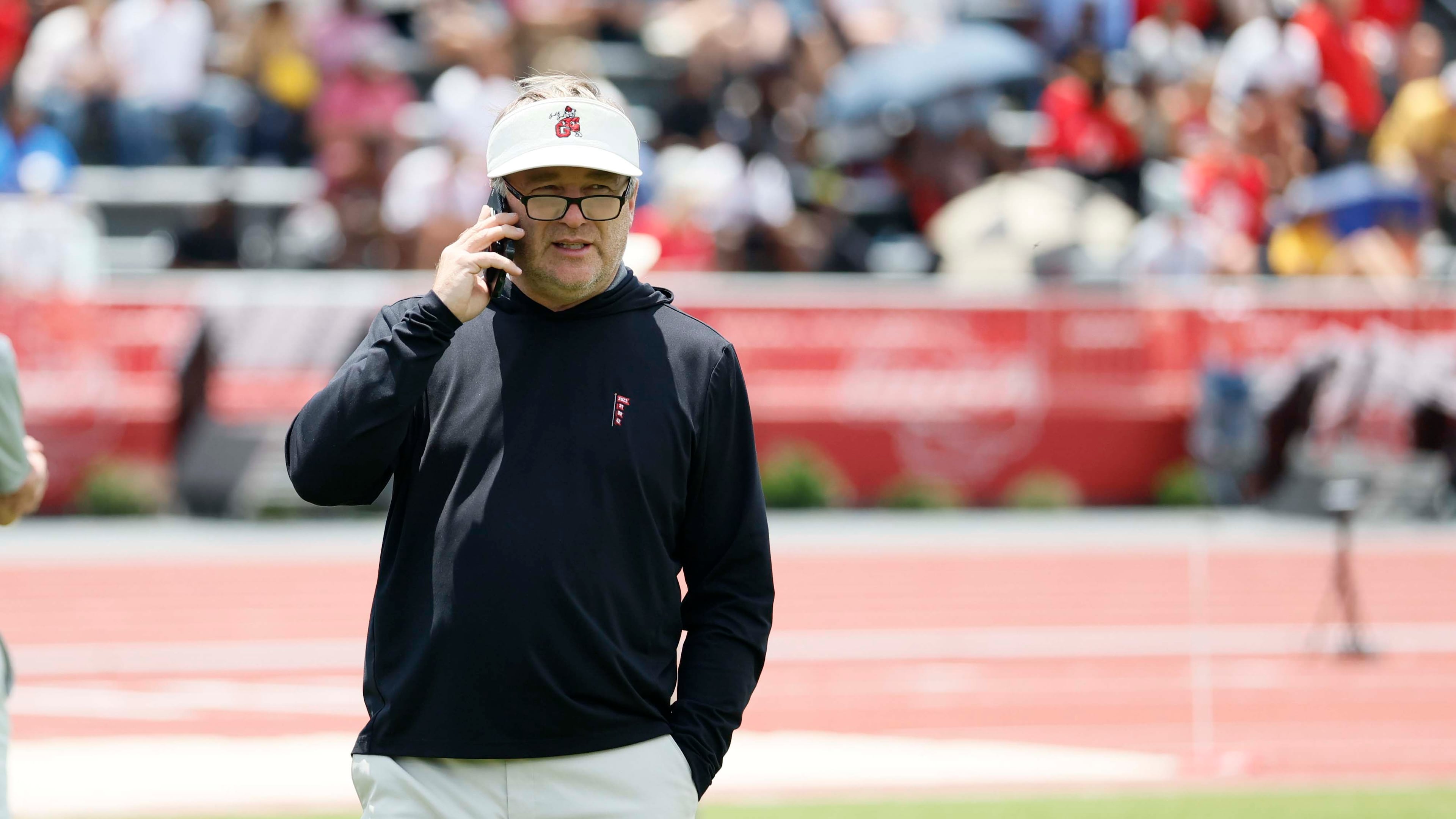 Georgia football coach Kirby Smart was spotted at the GHSA track and field state championship at UGA Spec Towns Track on Monday, May 11, 2026, in Athens. (Miguel Martinez/AJC)