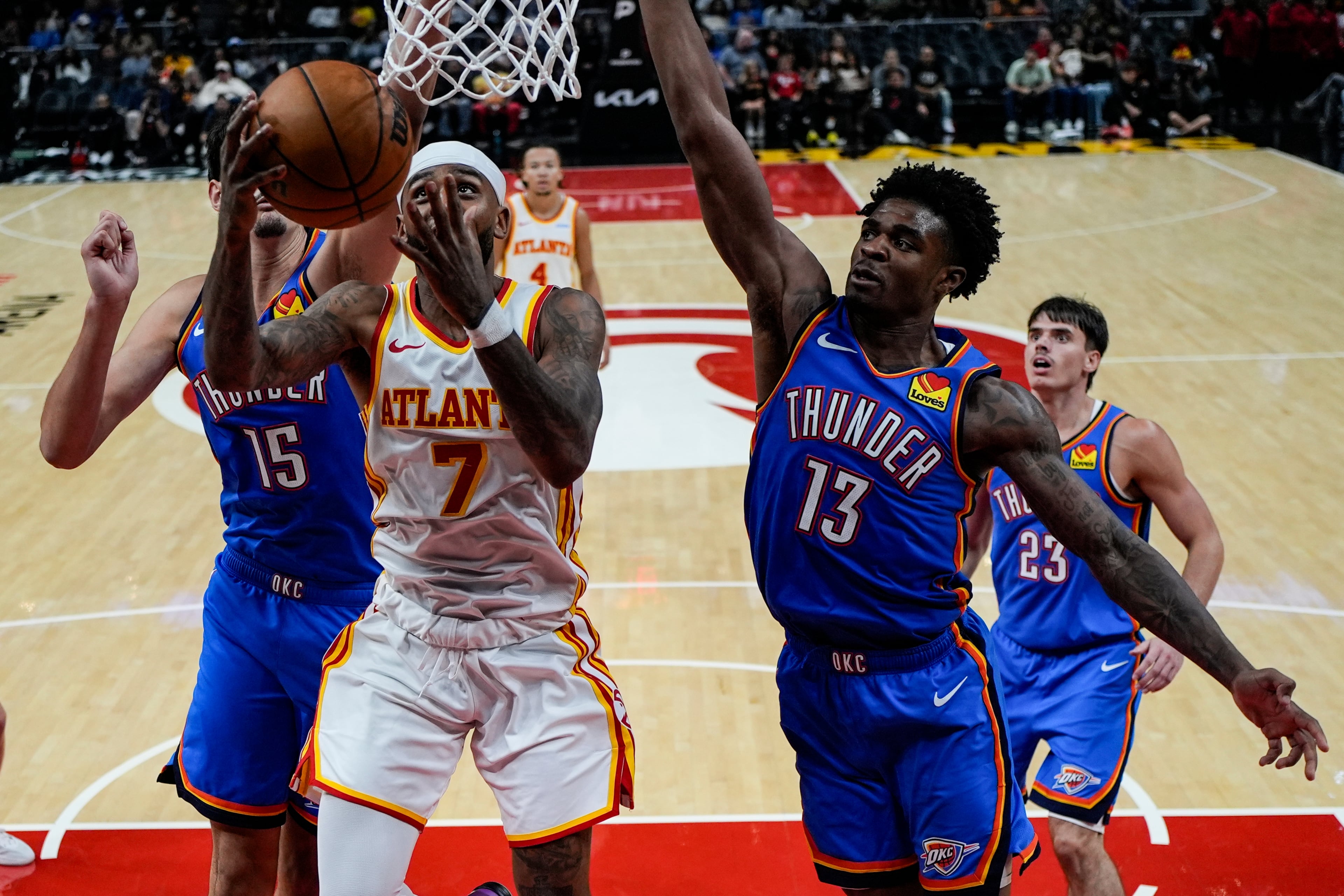 Atlanta Hawks guard Nickeil Alexander-Walker shoots against Oklahoma City Thunder center Aday Mara during the second half of an NBA basketball game, Monday, Oct. 12, 2026, in Atlanta. (Mike Stewart/AP)