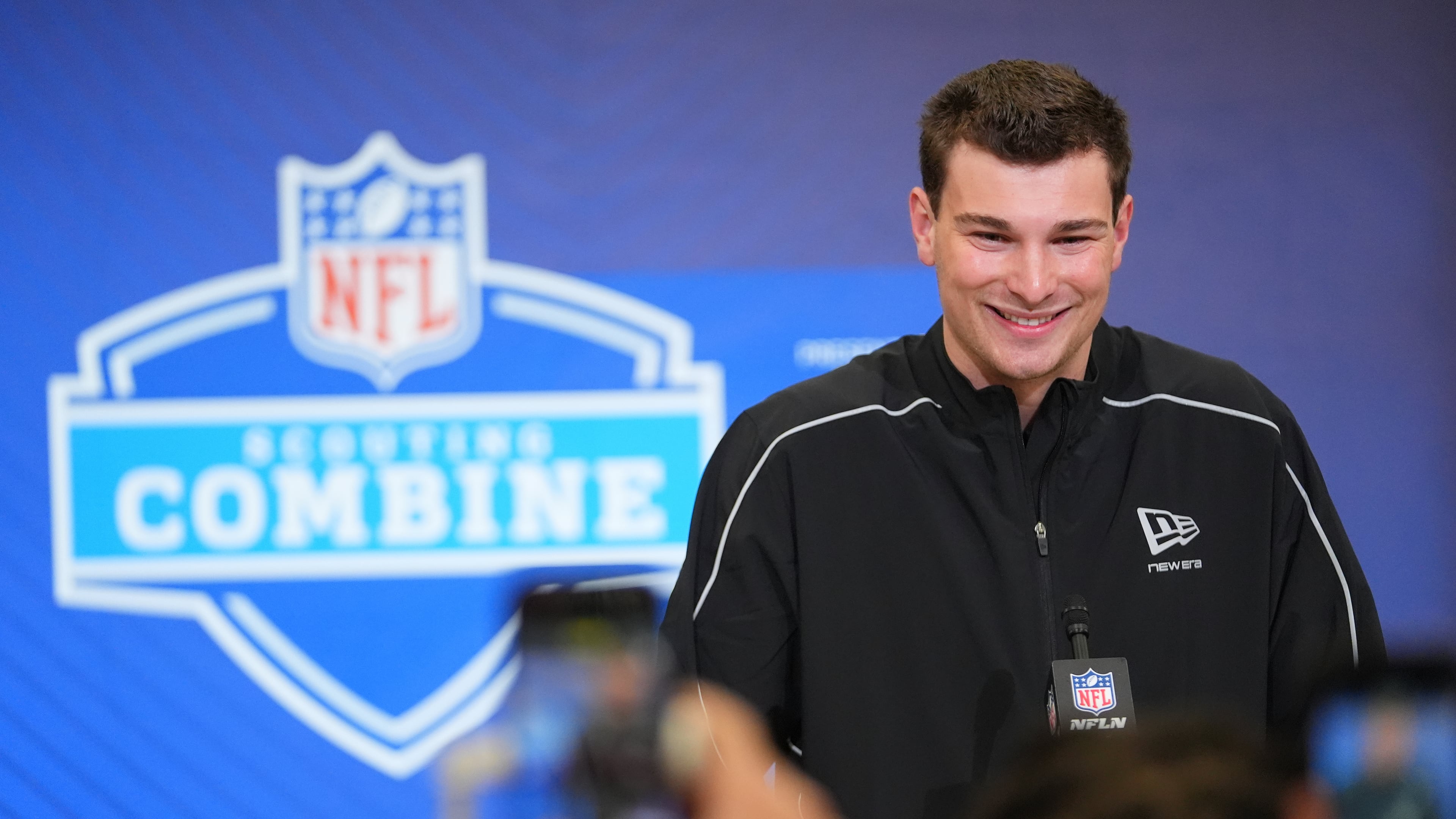 FILE - Indiana quarterback Fernando Mendoza (11) speaks during a news conference at the NFL football scouting combine in Indianapolis, Feb. 27, 2026. (AP Photo/Julio Cortez, File)