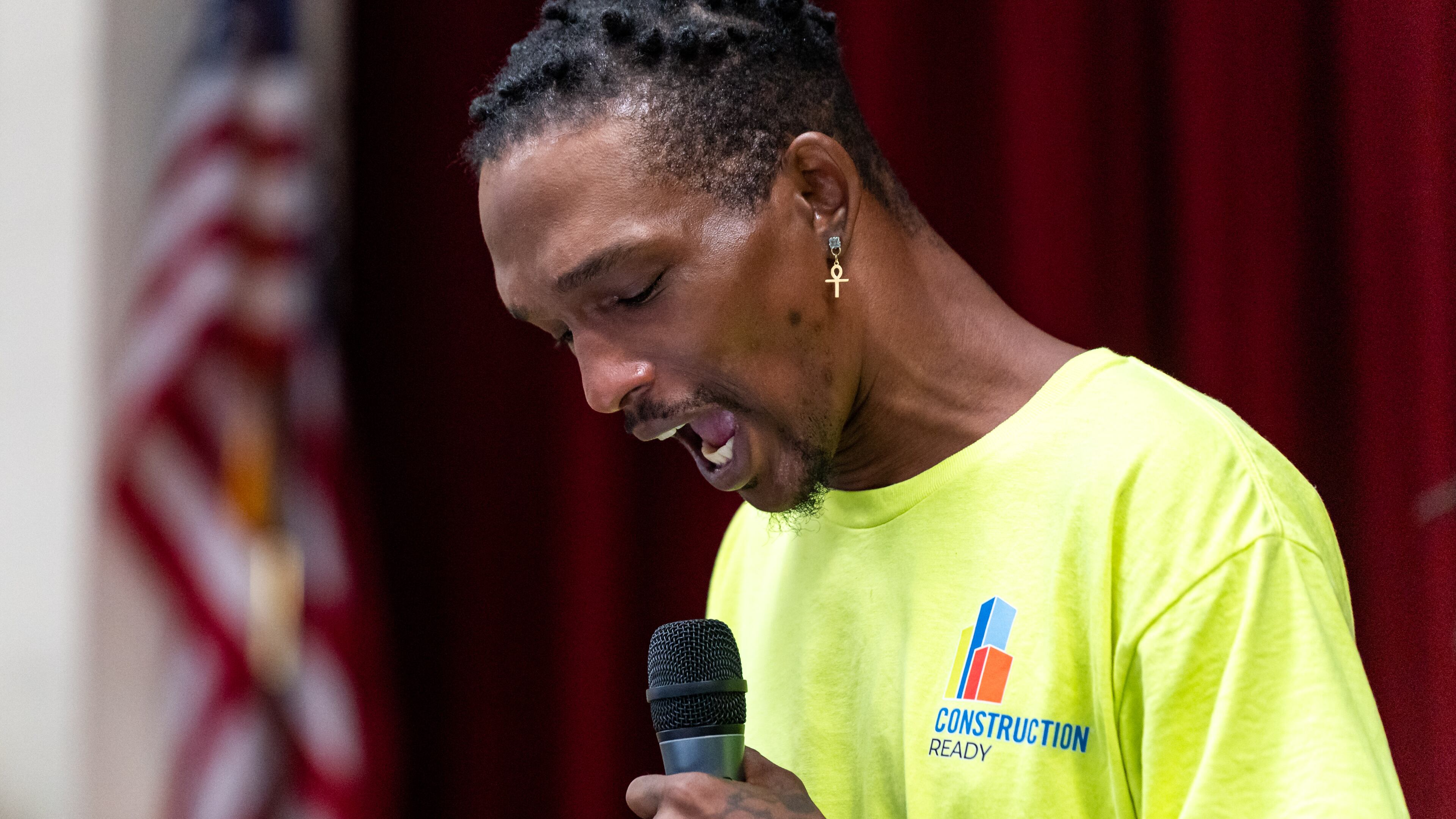 Raynard LaNier Jr., a graduate of the Construction Ready training program, speaks during his graduation ceremony at the East Point City Hall Annex in East Point, GA on Friday, August 2, 2024. (Seeger Gray / AJC)