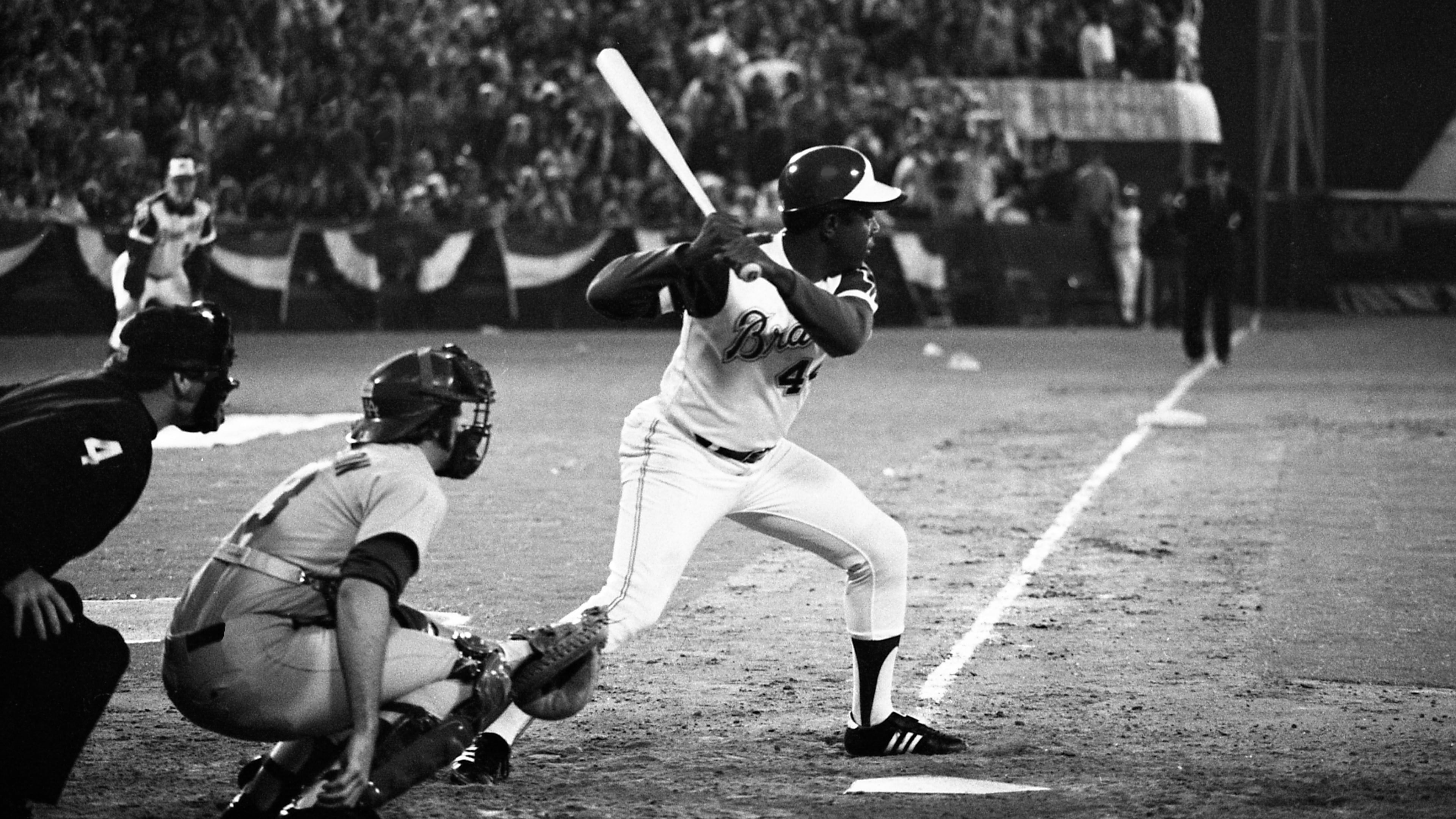 Hank Aaron at bat just before hitting his record-breaking 715th home run at Atlanta-Fulton County Stadium on April 8, 1974. (Billy Downs/AJC 1974)