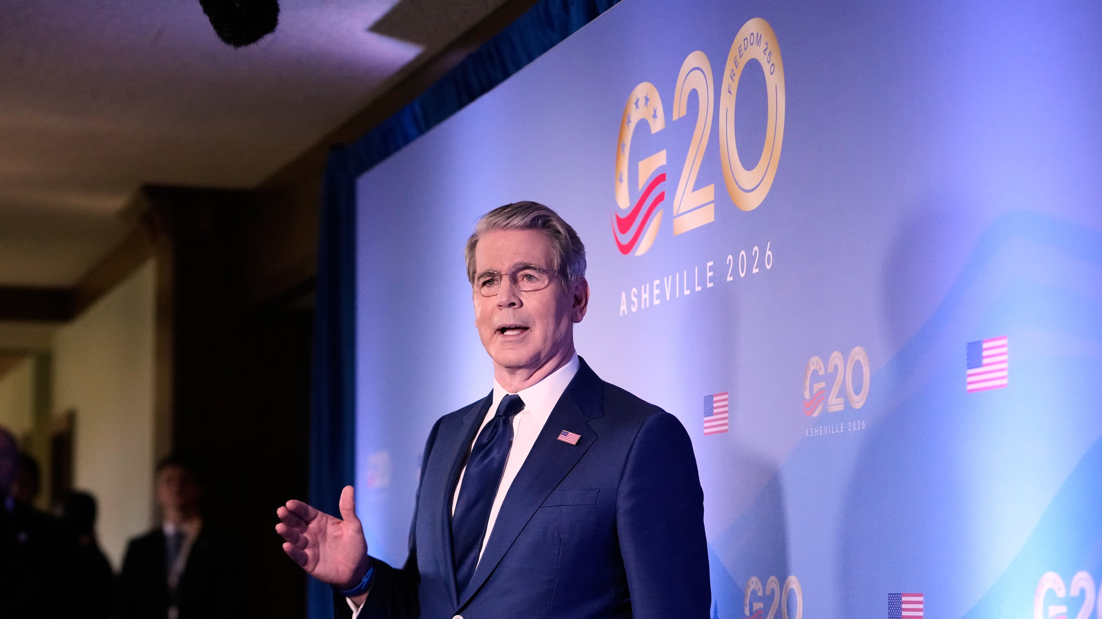Treasury Secretary Scott Bessent speaks to reporters at the G20 Finance Ministerial in Asheville, N.C., Tuesday, Sept. 1, 2026.(AP Photo/Gerald Herbert)