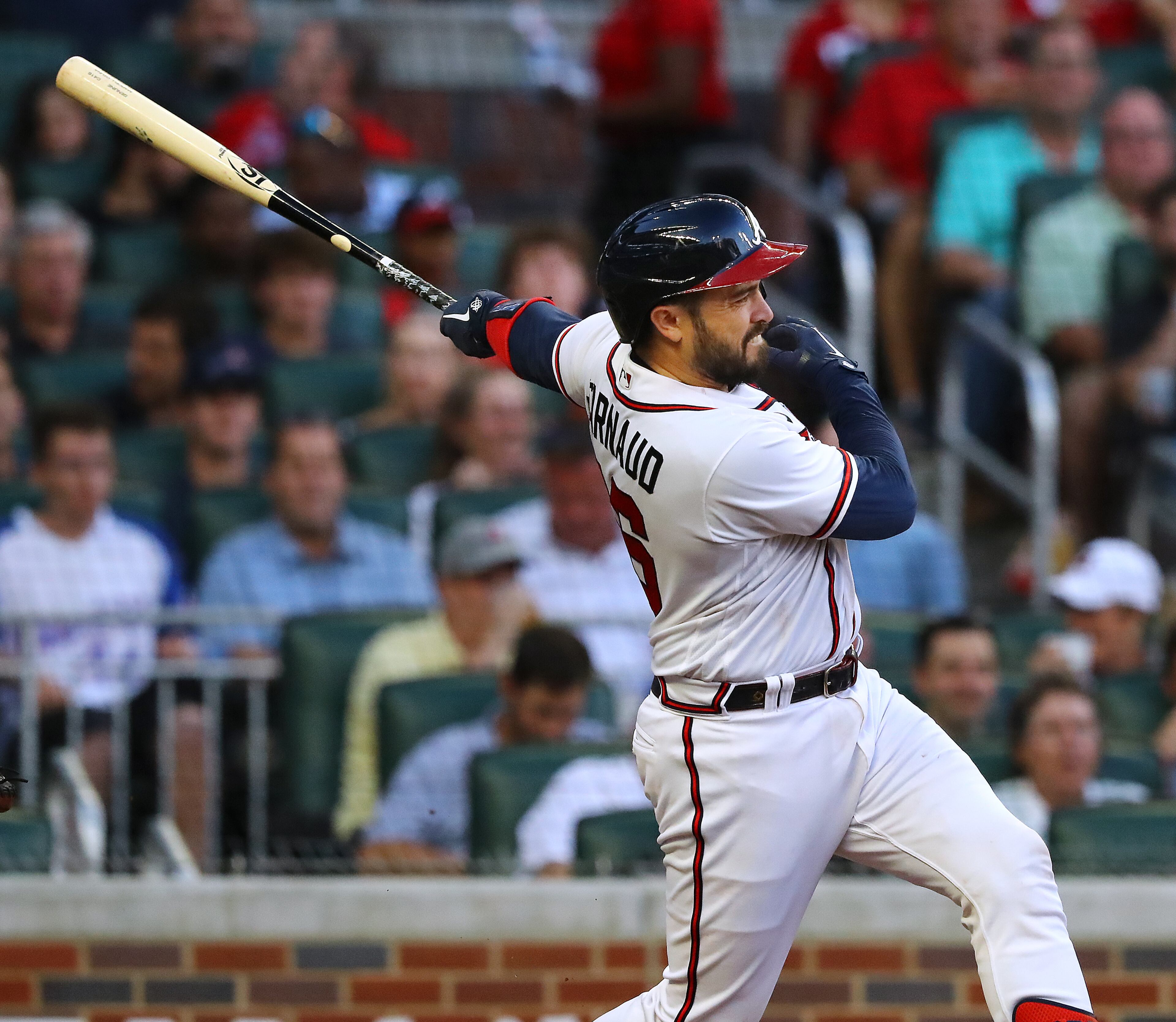 060922 Atlanta: Atlanta Braves catcher Travis d'Arnaud hits a RBI double to score Dansby Swanson for a 3-0 lead over the Pittsburgh Pirates during the third inning in a MLB baseball game on Thursday, June 9, 2022, in Atlanta. “Curtis Compton / Curtis.Compton@ajc.com”