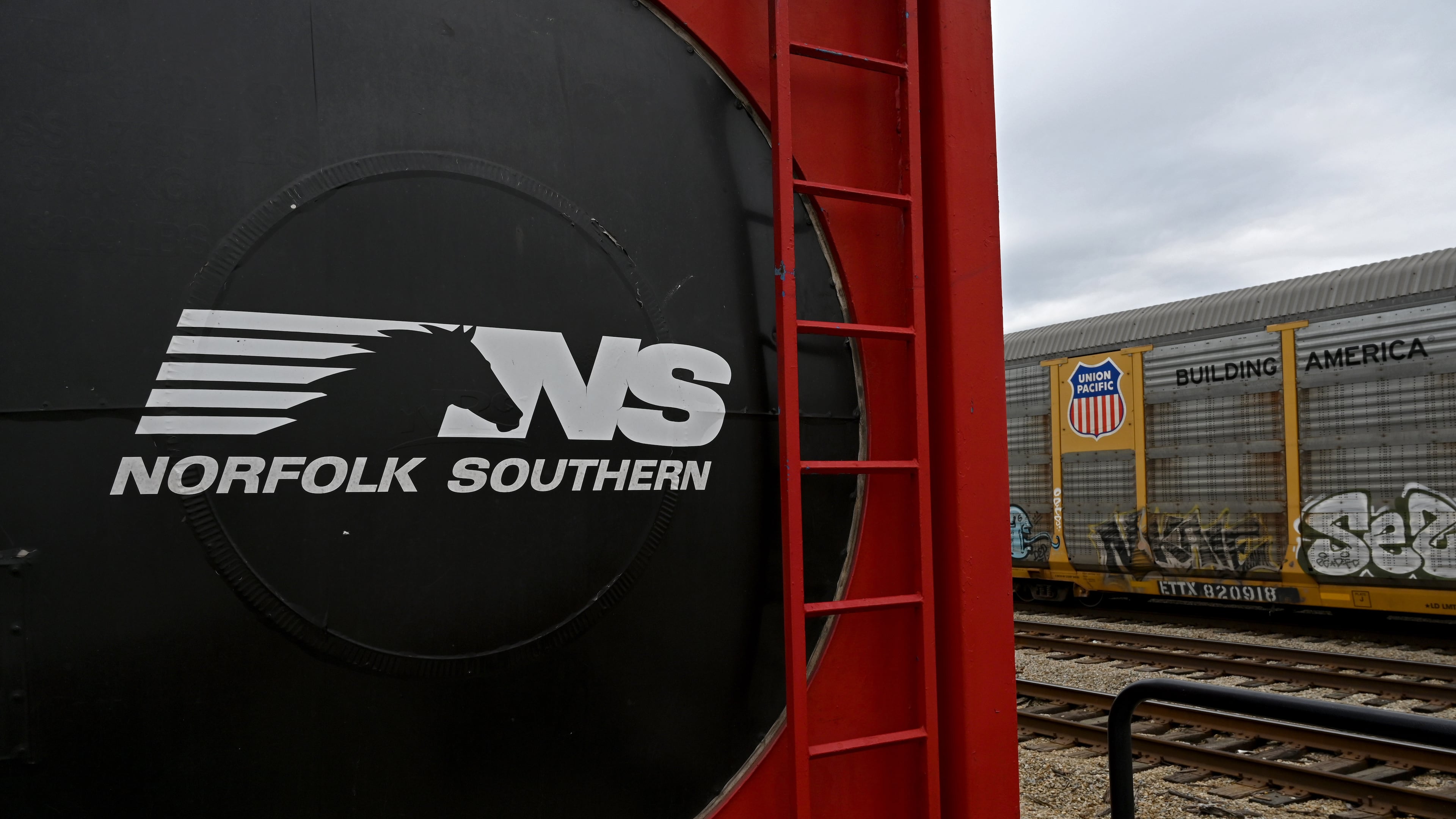 Norfolk Southern’s Safety Train (left) and a Union Pacific car are shown Wednesday, March 24, 2026, in Atlanta. Norfolk Southern's Safety Train provides free, hands-on emergency response training for Atlanta-area first responders. (Hyosub Shin/AJC)