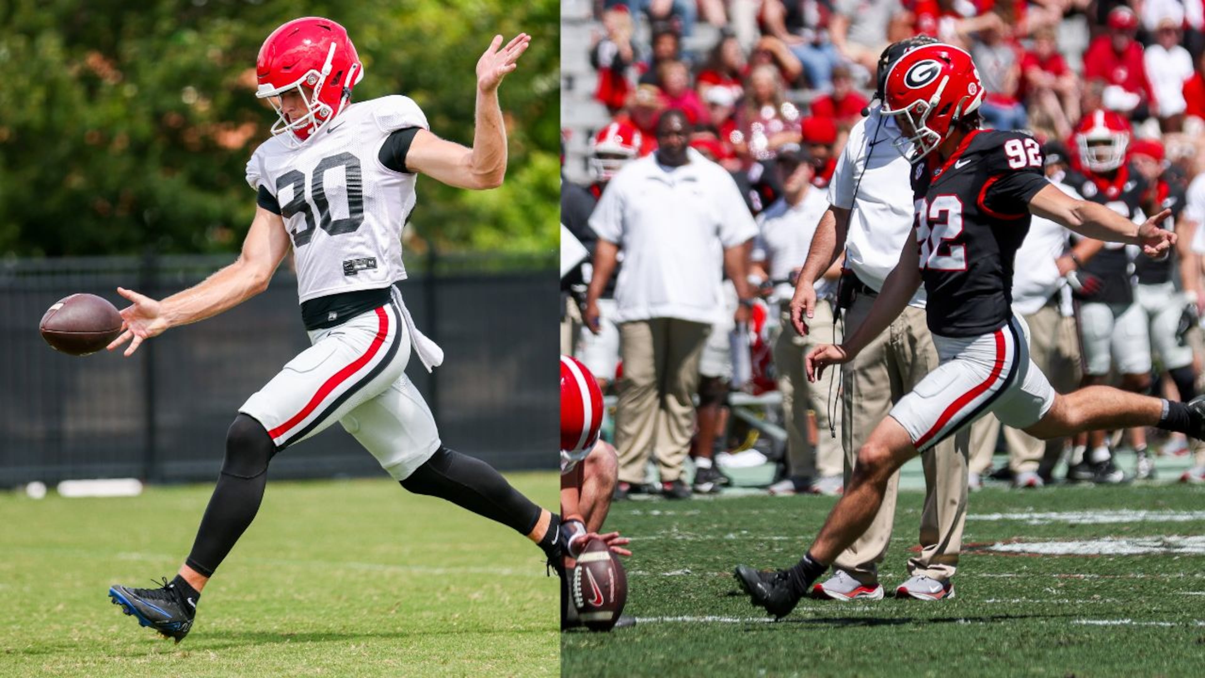 Kirby Smart indicated Drew Miller (90) would be the next punter up after Brett Thorson (92) suffered a season-ending injury. (Photos courtesy of UGA Athletics)