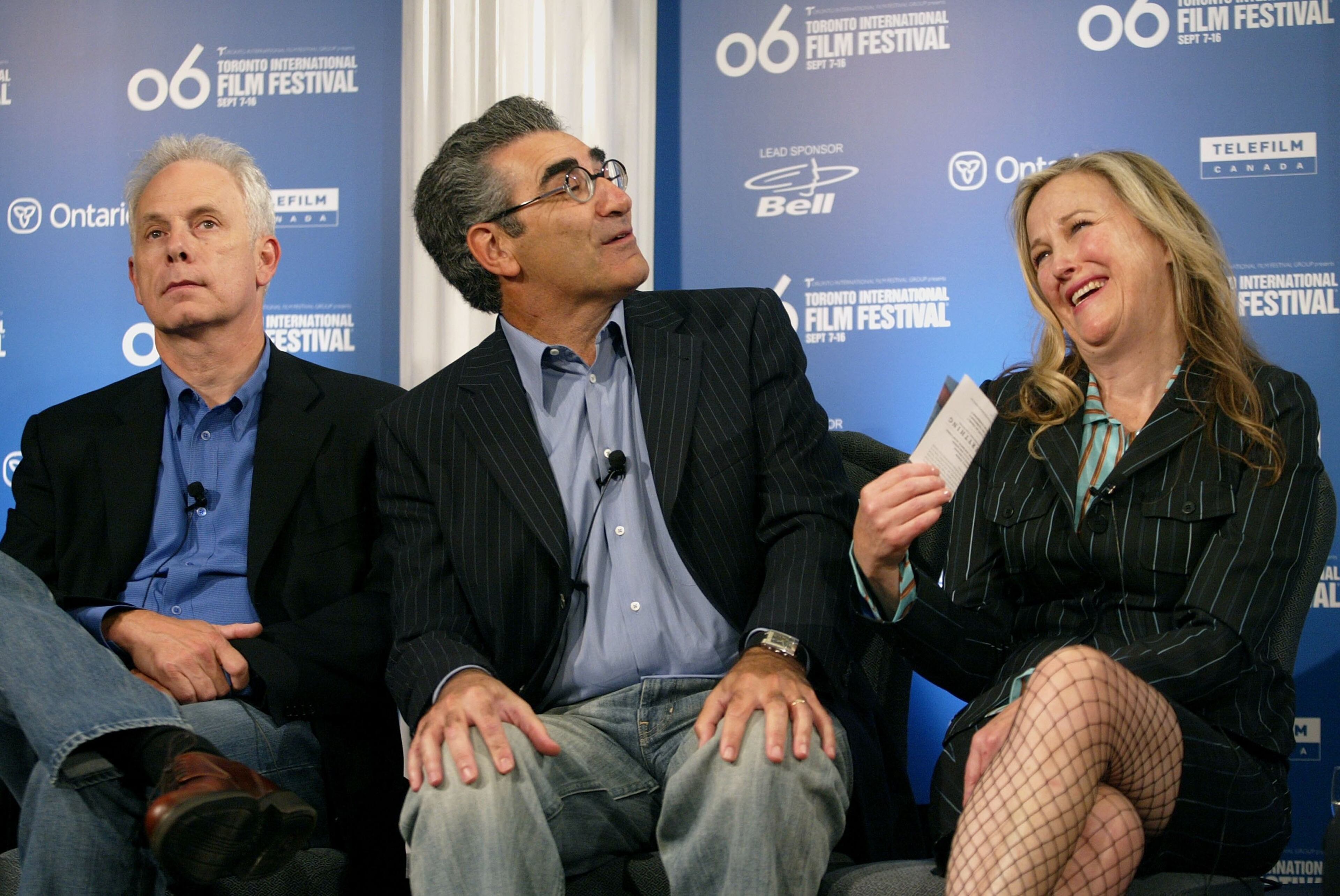 Writer and director Christopher Guest (left, seen here with co-stars Eugene Levy and Catherine O'Hara) played Corky St. Clair in "Waiting for Guffman." Corky claimed to have a wife named Bonnie, but no one in town had ever seen her. He "bought most of her clothes."