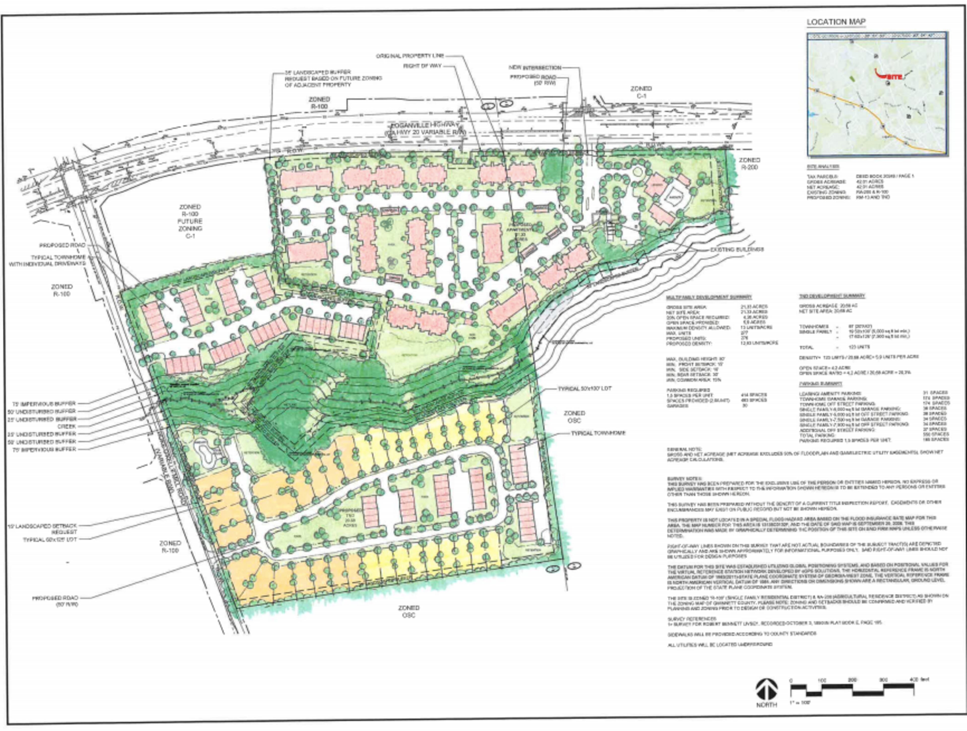 The proposed development at the corner of Loganville Highway and Hoke O'Kelly Mill Road would add 276 apartment units, 87 townhomes and 36 single-family homes. (Courtesy of Gwinnett County)