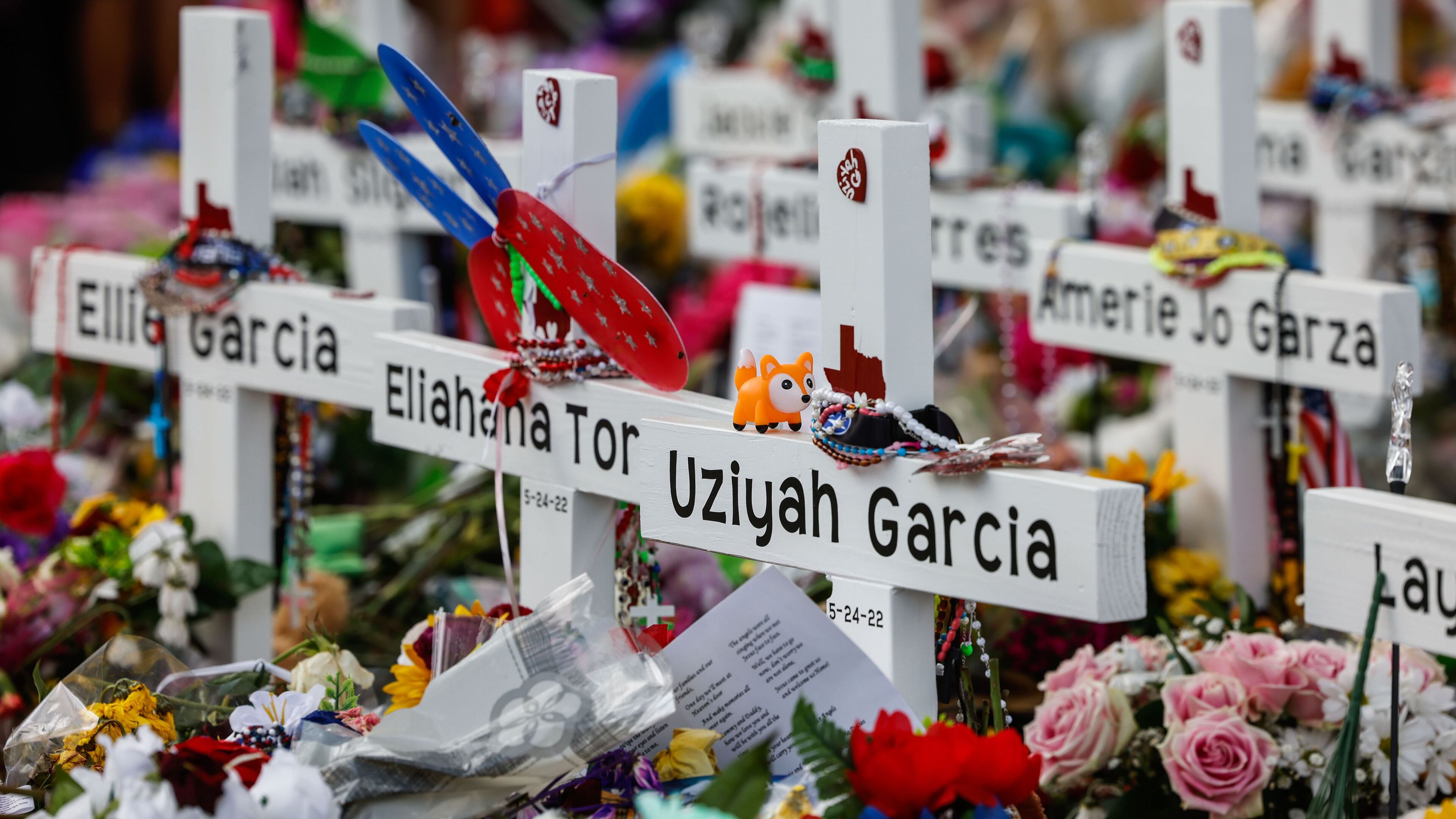 A memorial for the 19 children and two adults killed on May 24, 2022, during a mass shooting at Robb Elementary School in Uvalde, Texas. (Lola Gomez/Dallas Morning News/TNS)