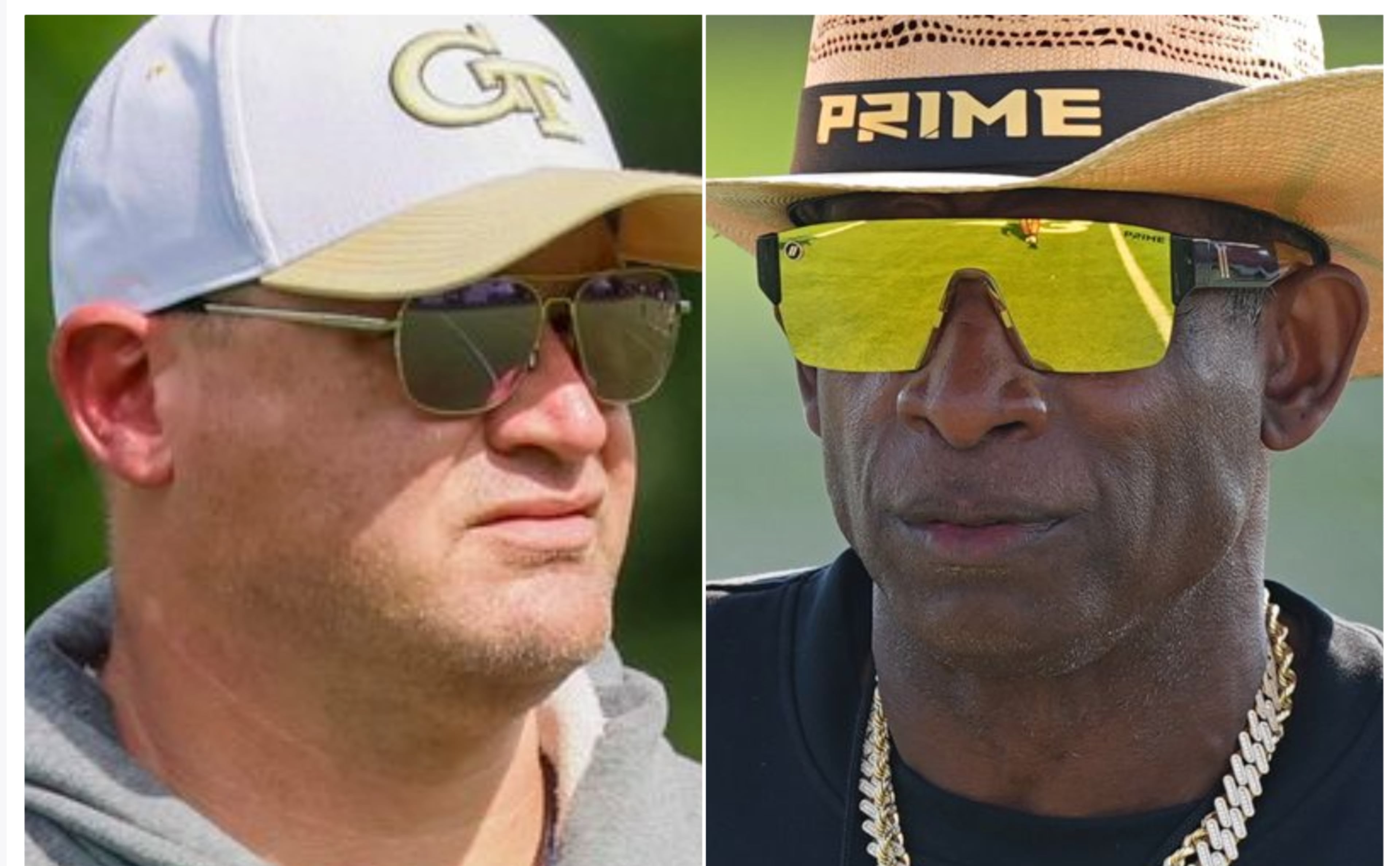 Georgia Tech coach Brent Key (left) and Colorado coach Deion Sanders. (Miguel Martinez/AJC and David Zalubowski/AP)