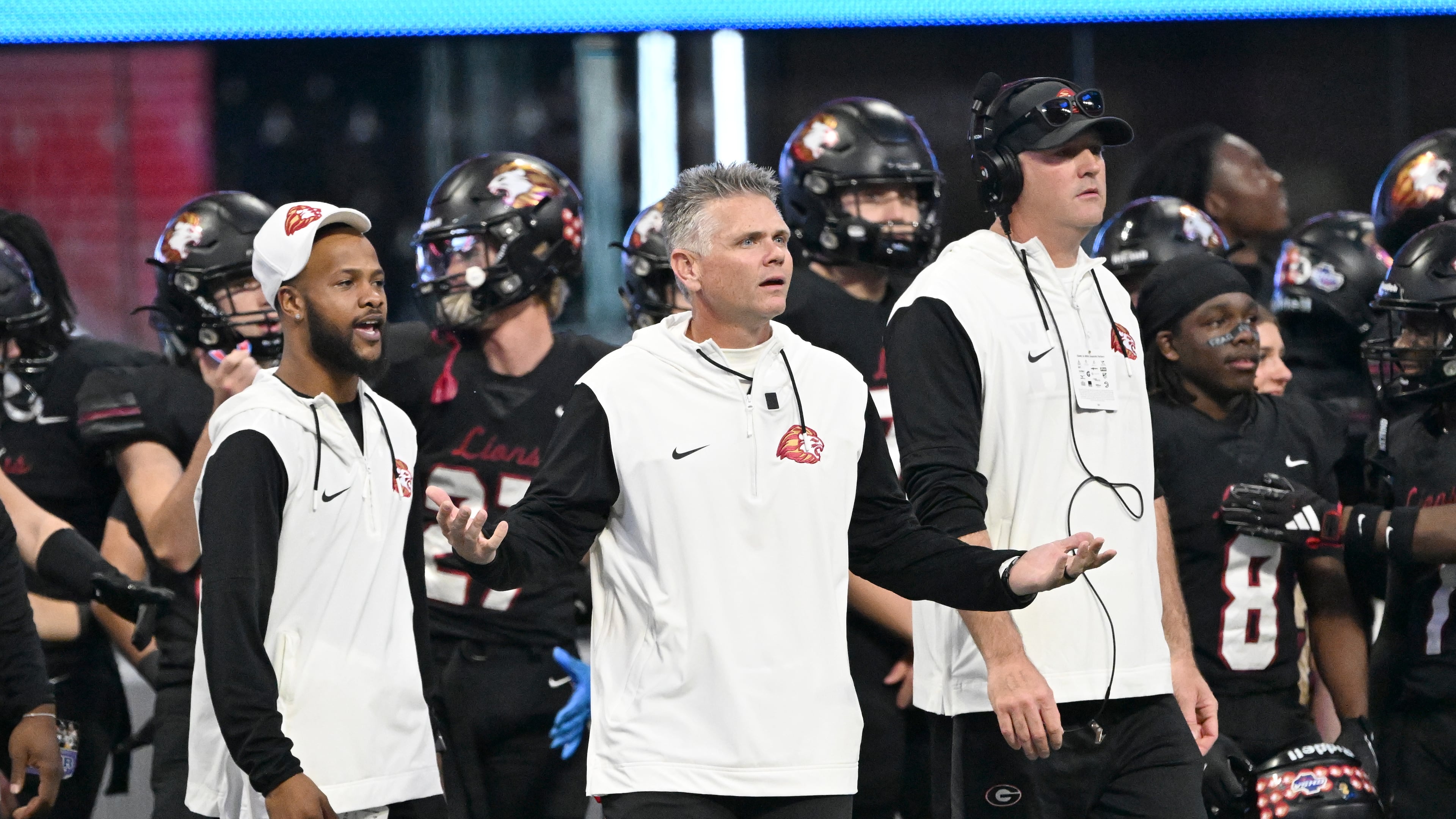 Hebron Christian's head coach Jonathan Gess reacts during the second half in GHSA Class 3A-A Private State Championship game at Mercedes-Benz Stadium, Wednesday, December 18, 2024, in Atlanta. Hebron Christian won 56-28 over Prince Avenue Christian. (Hyosub Shin / AJC)