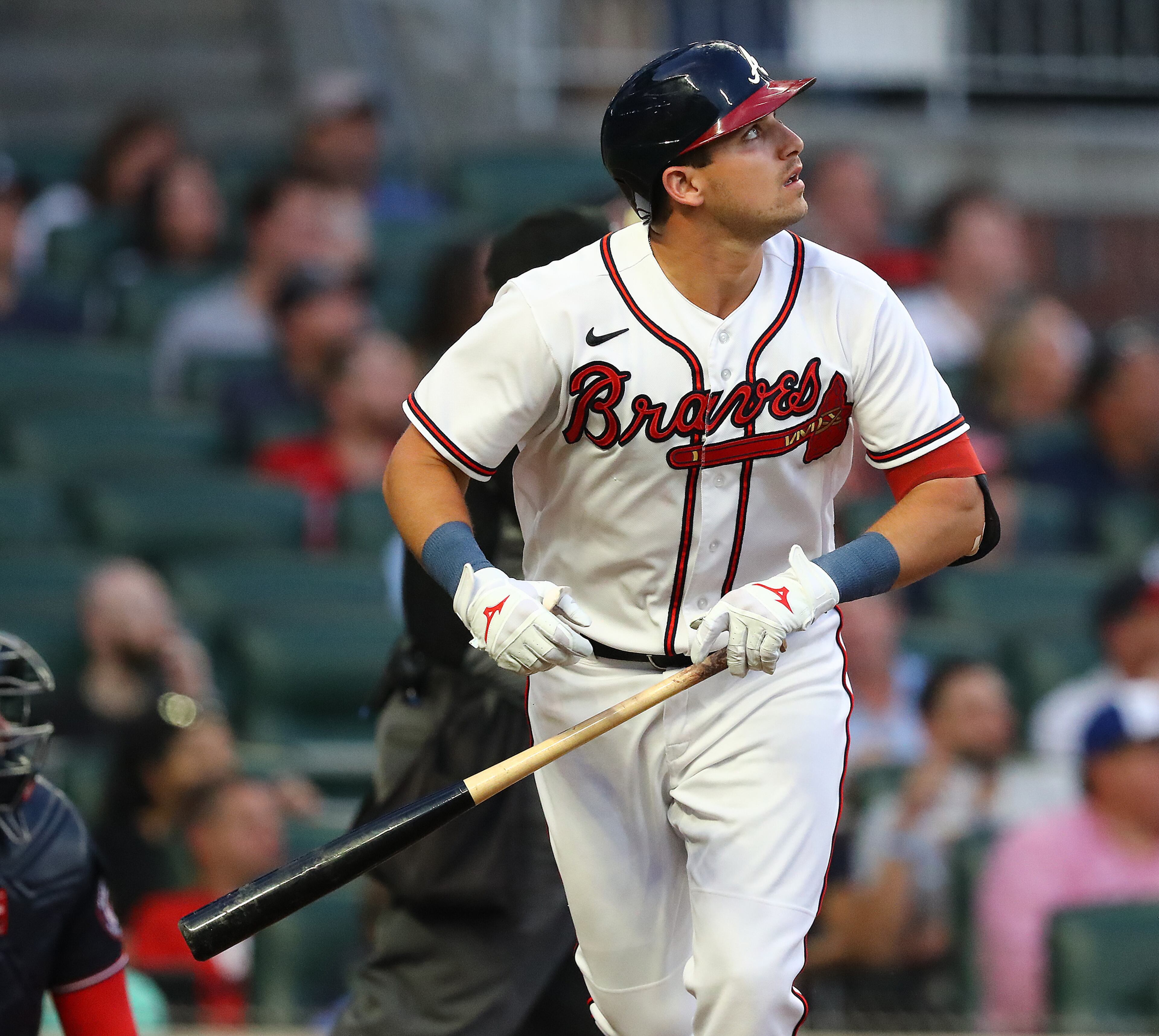 Braves third baseman Austin Riley watches his home run against the Nationals on Monday night at Truist Park. (Curtis Compton / Curtis Compton@ajc.com)