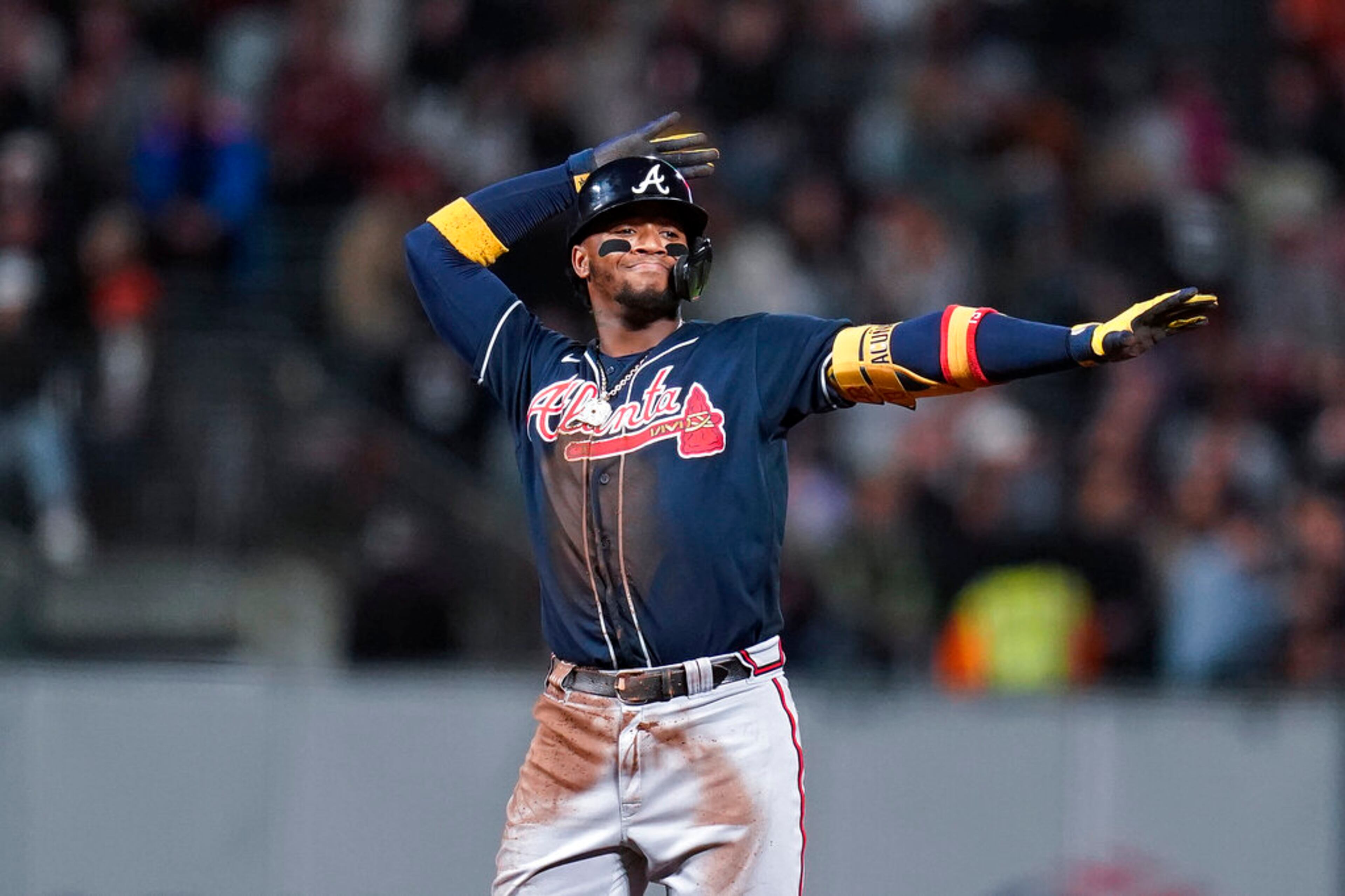 Atlanta Braves' Ronald Acuña Jr. poses after hitting a double against the San Francisco Giants during the seventh inning of a baseball game in San Francisco, Tuesday, Sept. 13, 2022. (AP Photo/Godofredo A. Vásquez)