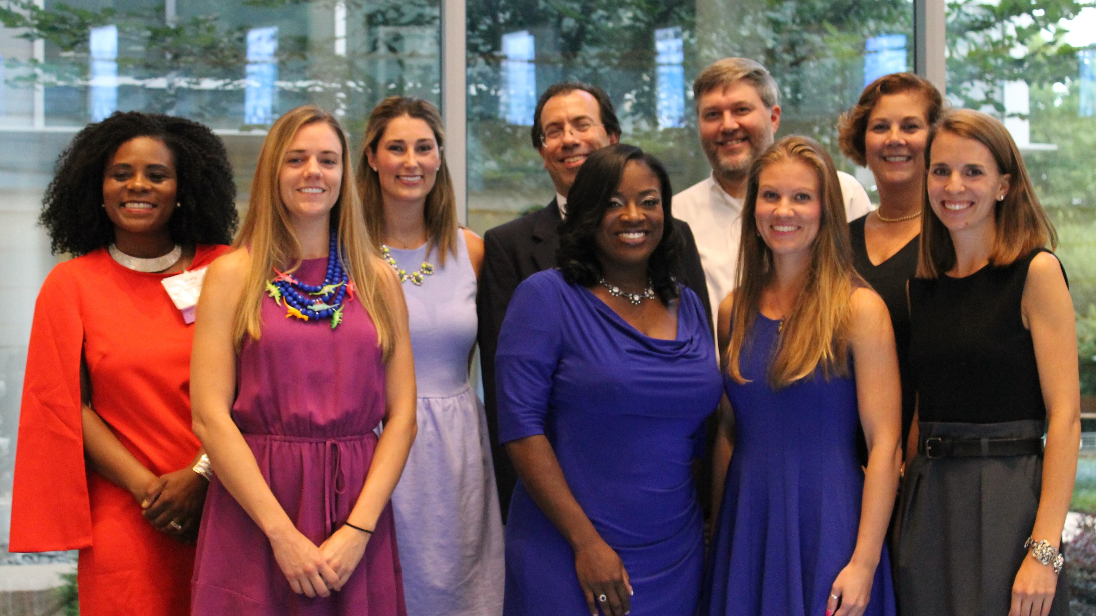 More than 245 teachers were nominated for the AJC Celebrating Teacher awards. These are the winners, who were honored tonight at an event at Cox headquarters. Winners are, from left, Cicely Lewis, Carrie Beth Rykowski, Margaret Garth, Robert Katz, Chelsea Cook, Jason Carr, Celeste McNeil Clark, Stephanie Spencer and Kara Cowdrick.