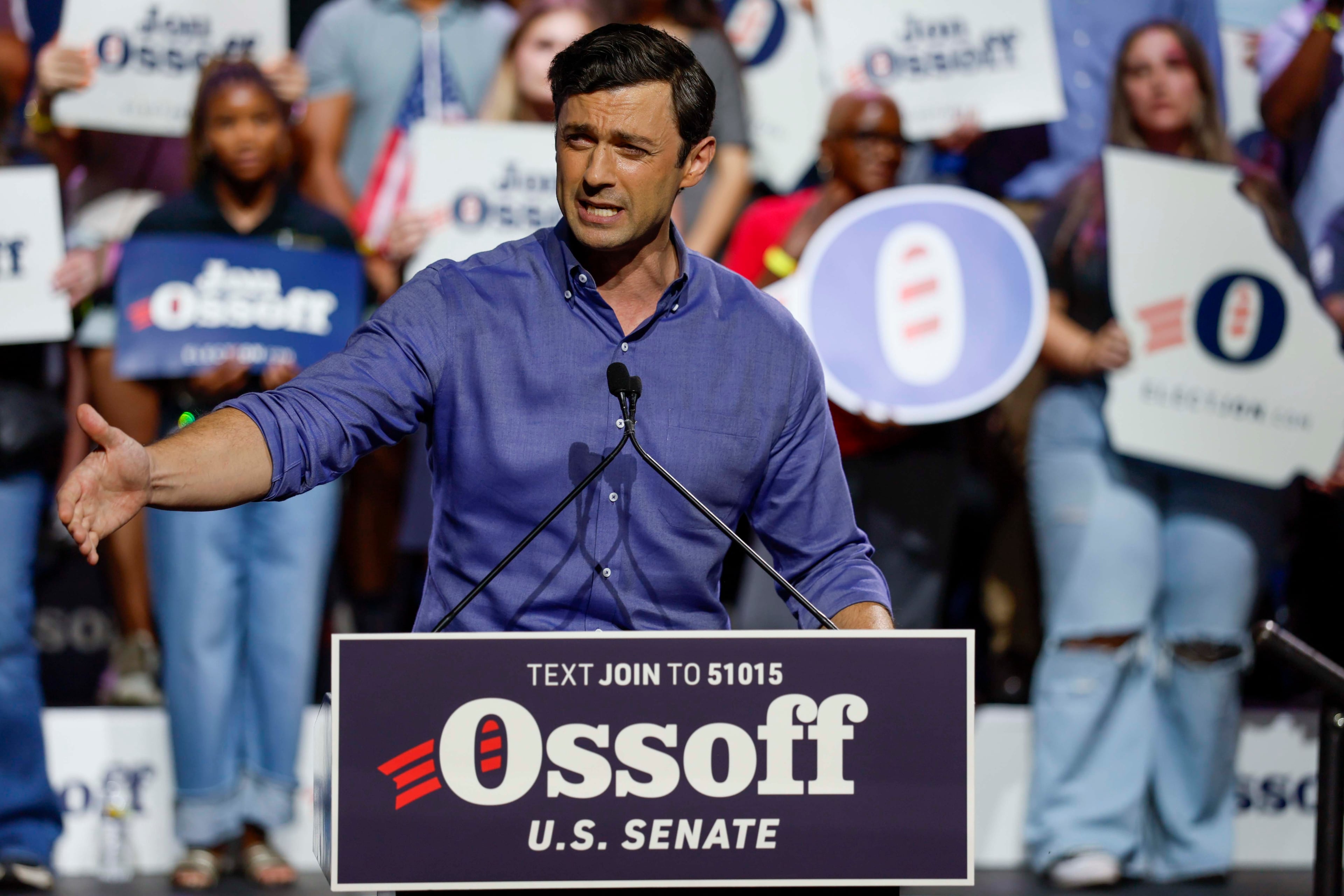 U.S. Sen. Jon Ossoff addresses supporters at a campaign rally in August. (Miguel Martinez/AJC)
