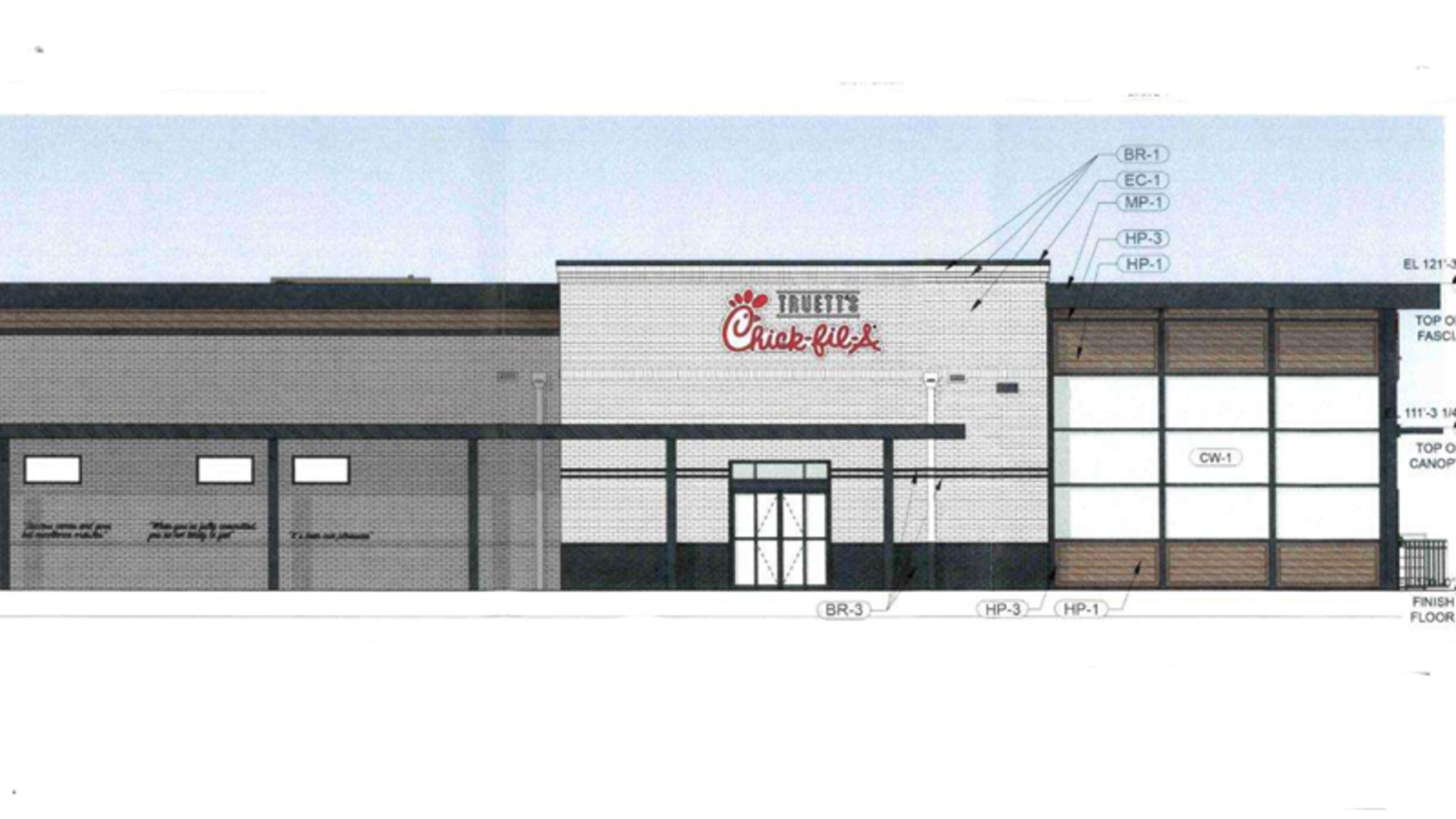 Architect’s drawing depicts the Truett’s Chick-fil-A that will replace a Dwarf House restaurant at 9728 Highway 92, Woodstock. CITY OF WOODSTOCK