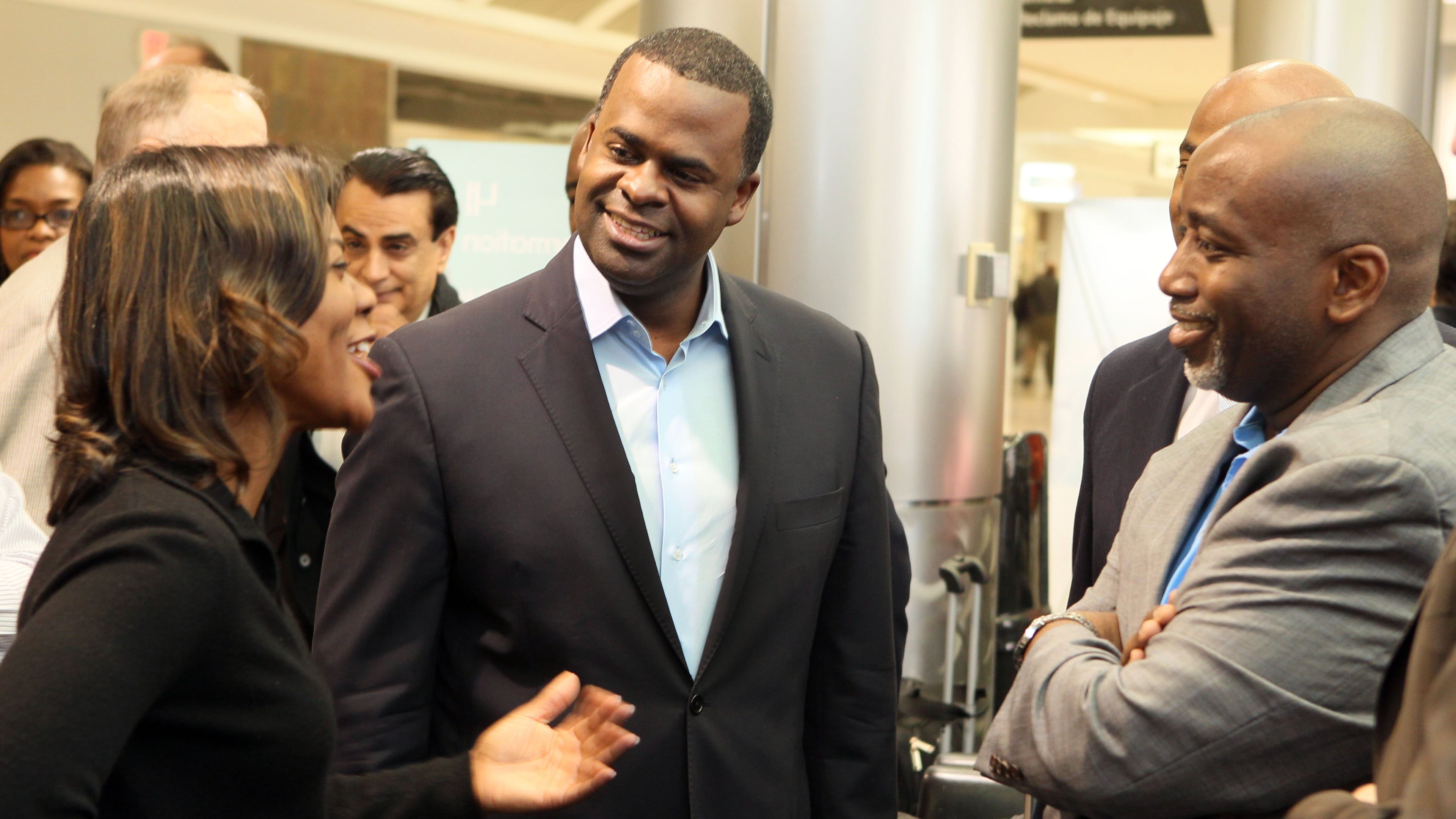 (left to right) Chief of Staff Candance Byrd, Mayor Kasim Reed and councilman H. Lamar Willis chat at Hartsfield-Jackson Atlanta International Airport, International Terminal E in Atlanta before embarking to China on a trade mission on Friday Mar. 23, 2012. For story examining the last-minute plans the Mayor's trade mission to China. He is bringing about a third of the City Council with him.