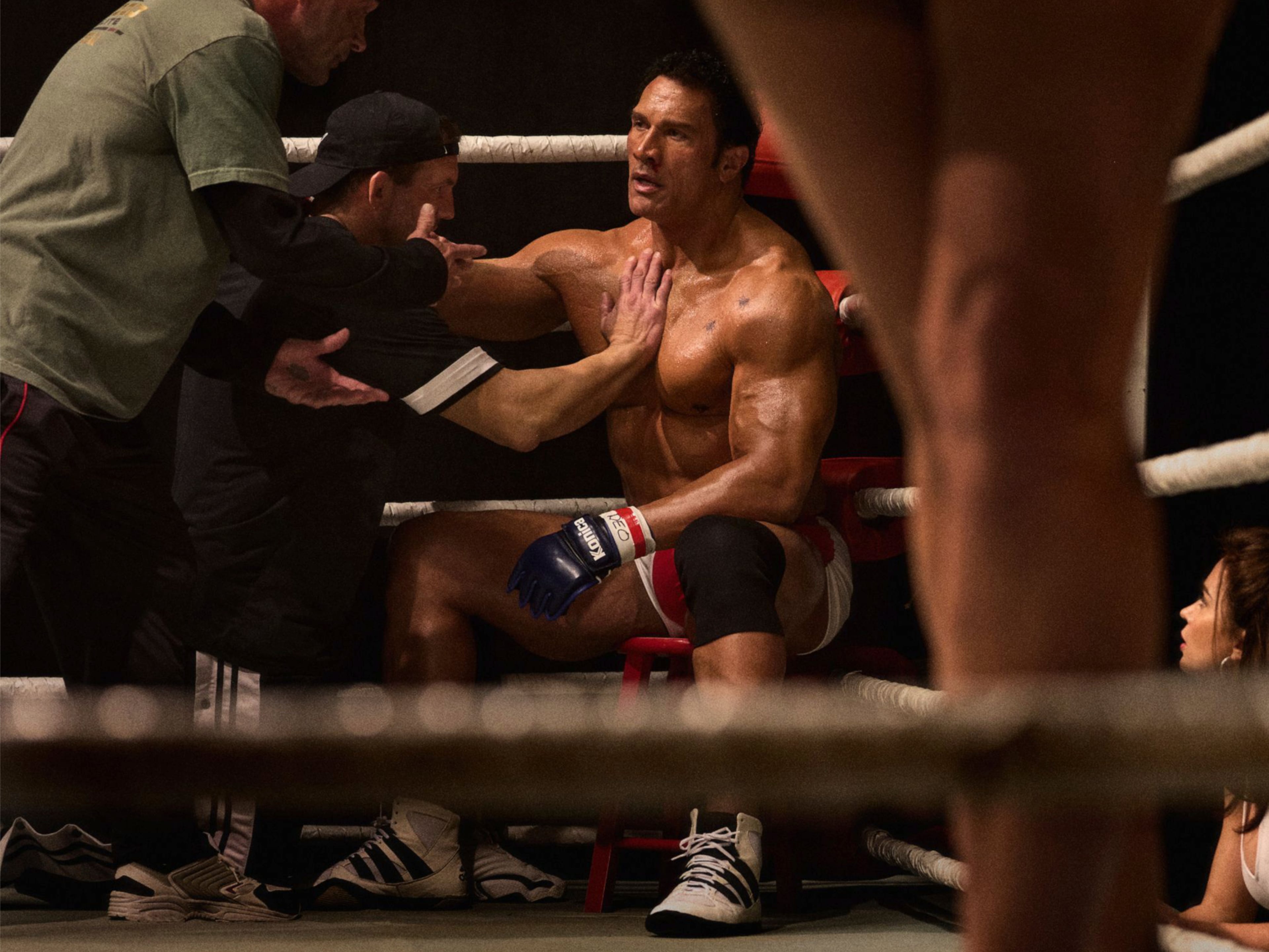 This image released by A24 shows Dwayne Johnson in a scene from "The Smashing Machine." (Cheryl Dunn/A24 via AP)