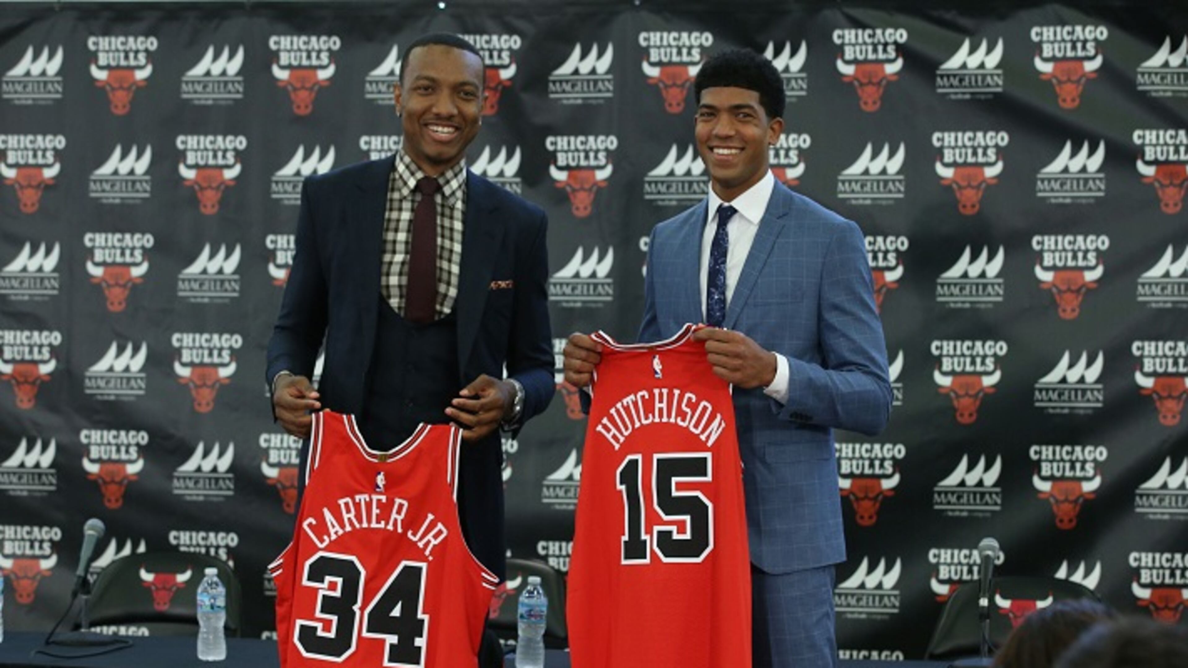 Bulls draft picks Wendell Carter Jr., left, and Chandler Hutchison pose with their jerseys on Monday, June 25, 2018, at the Advocate Center in Chicago. (Antonio Perez / Chicago Tribune/TNS)