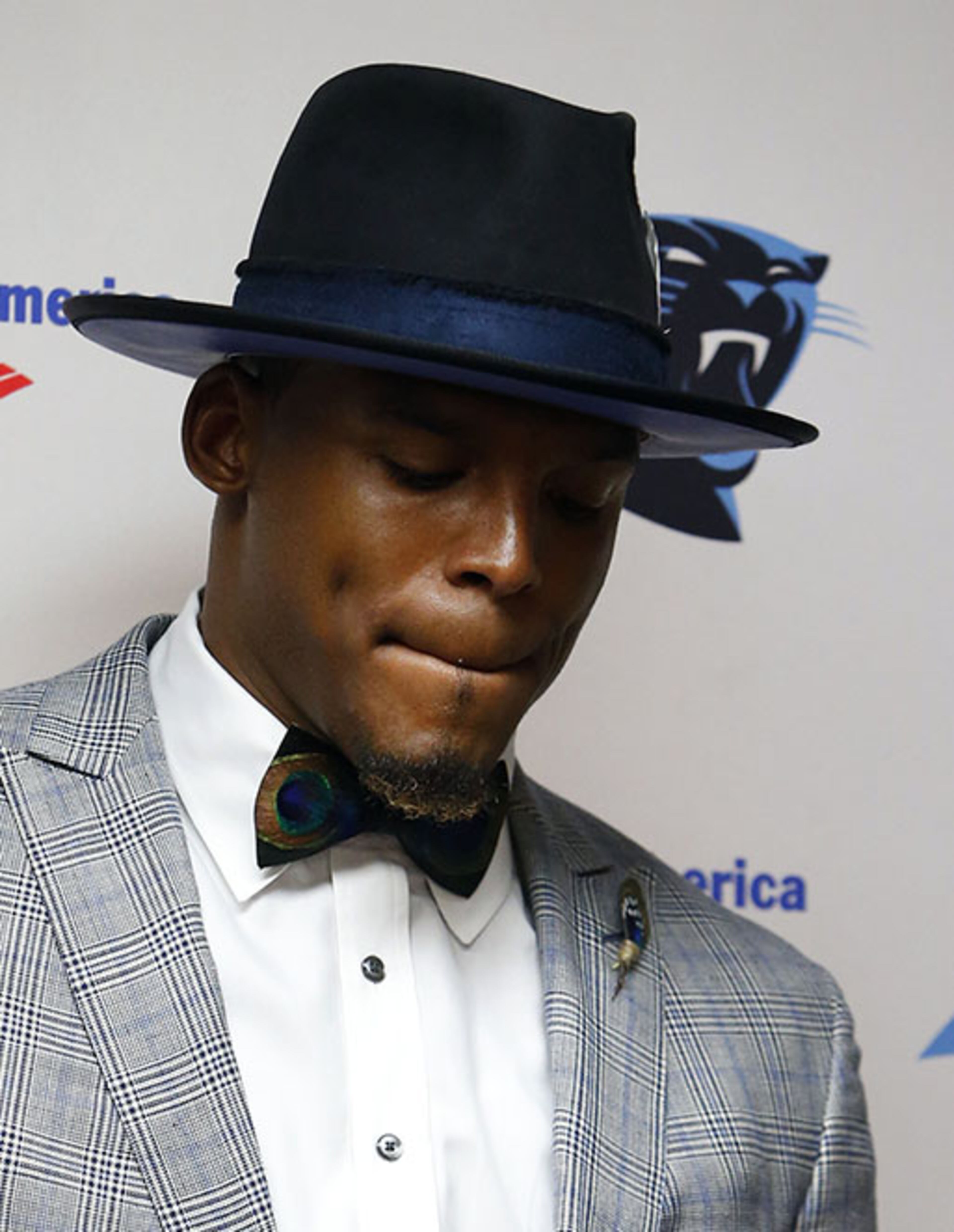 Carolina Panthers quarterback Cam Newton participates in a post game press conference after a game against the New Orleans Saints in New Orleans, Sunday, Oct. 16, 2016.