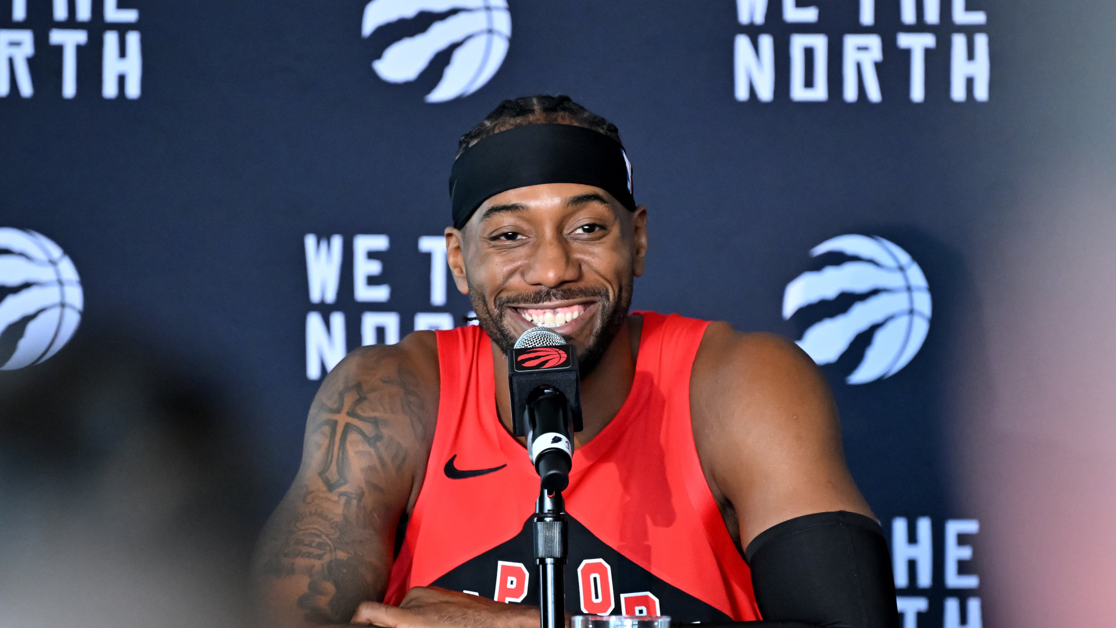 Toronto Raptors forward Kawhi Leonard speaks at the Raptors media day in Toronto on Monday, Sept. 28, 2026. (Jon Blacker/The Canadian Press via AP)