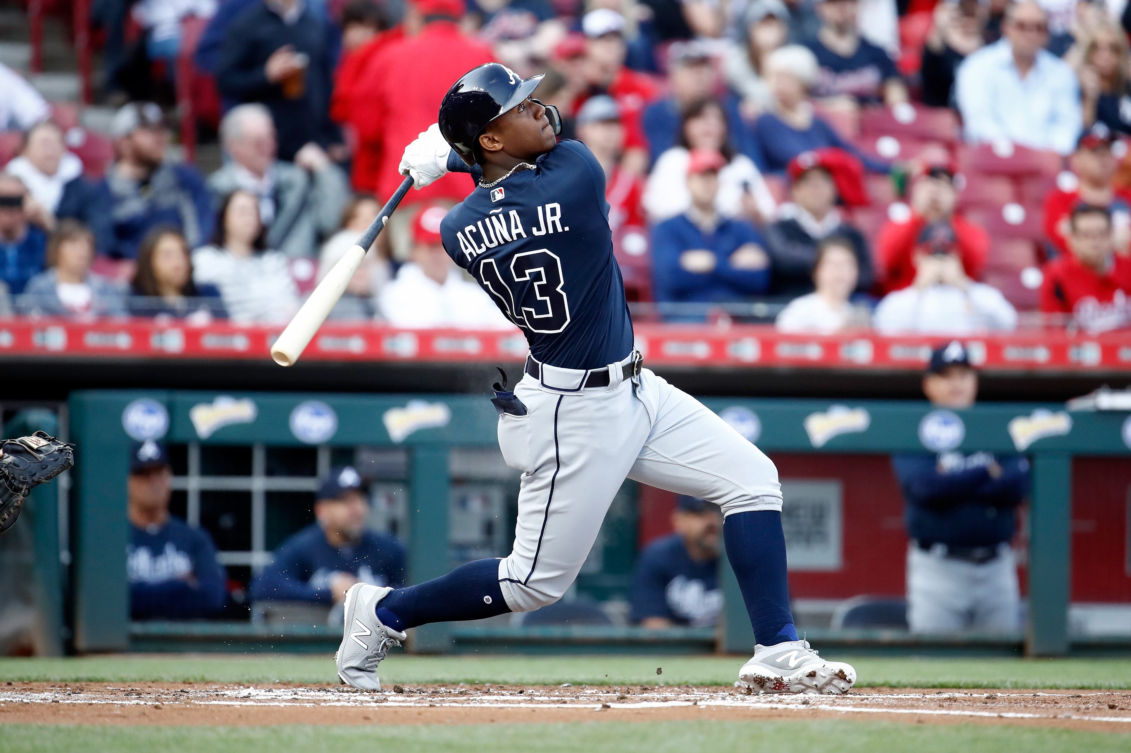 CINCINNATI, OH - APRIL 25: Ronald Acuna #13 of the Atlanta Braves flies out in his first MLB at bat against the Cincinnati Reds at Great American Ball Park on April 25, 2018 in Cincinnati, Ohio. (Photo by Andy Lyons/Getty Images)