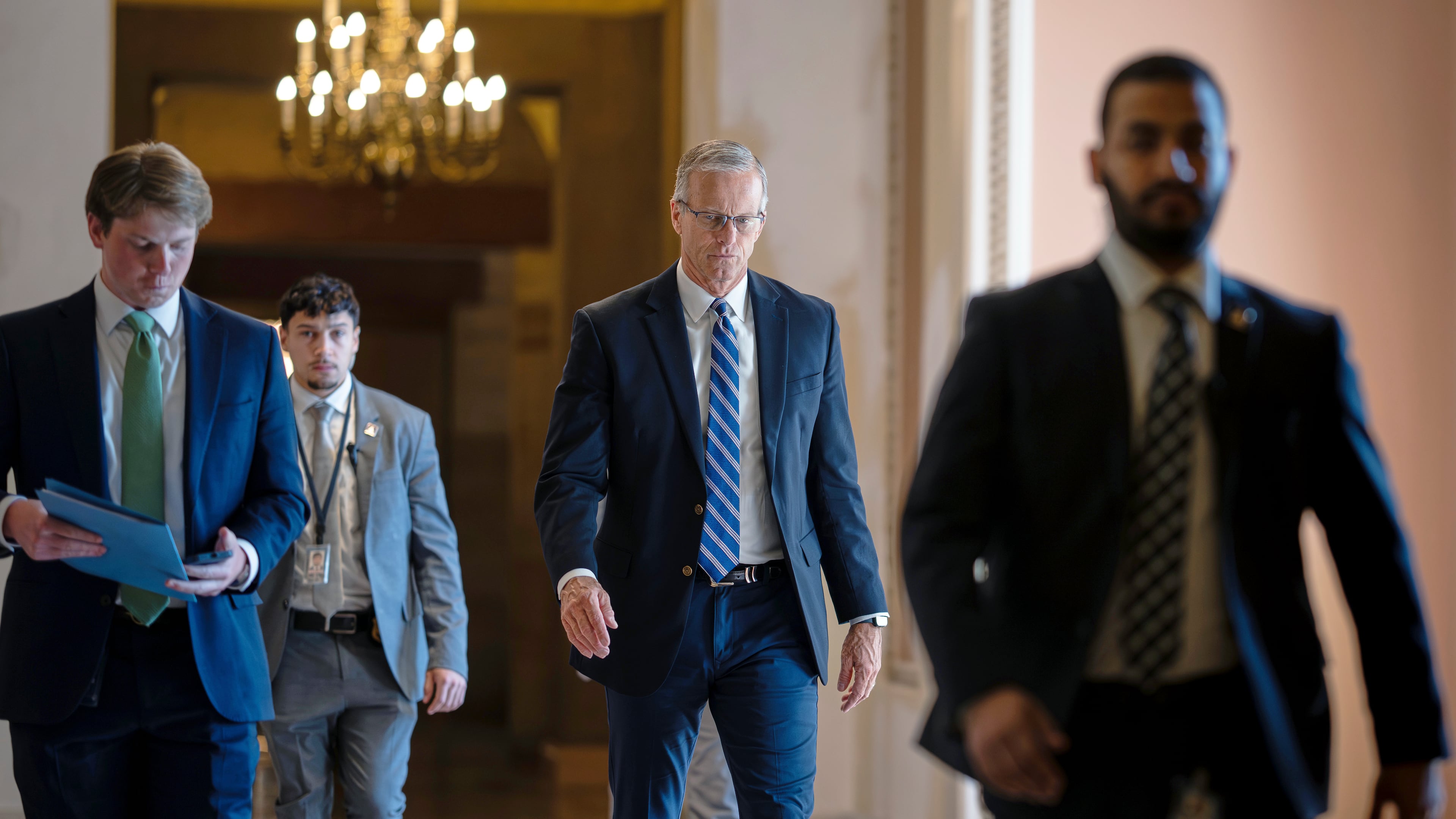 Senate Majority Leader John Thune, R-S.D., walks to the chamber from his office at the Capitol in Washington, Thursday, June 4, 2026. (AP Photo/J. Scott Applewhite)