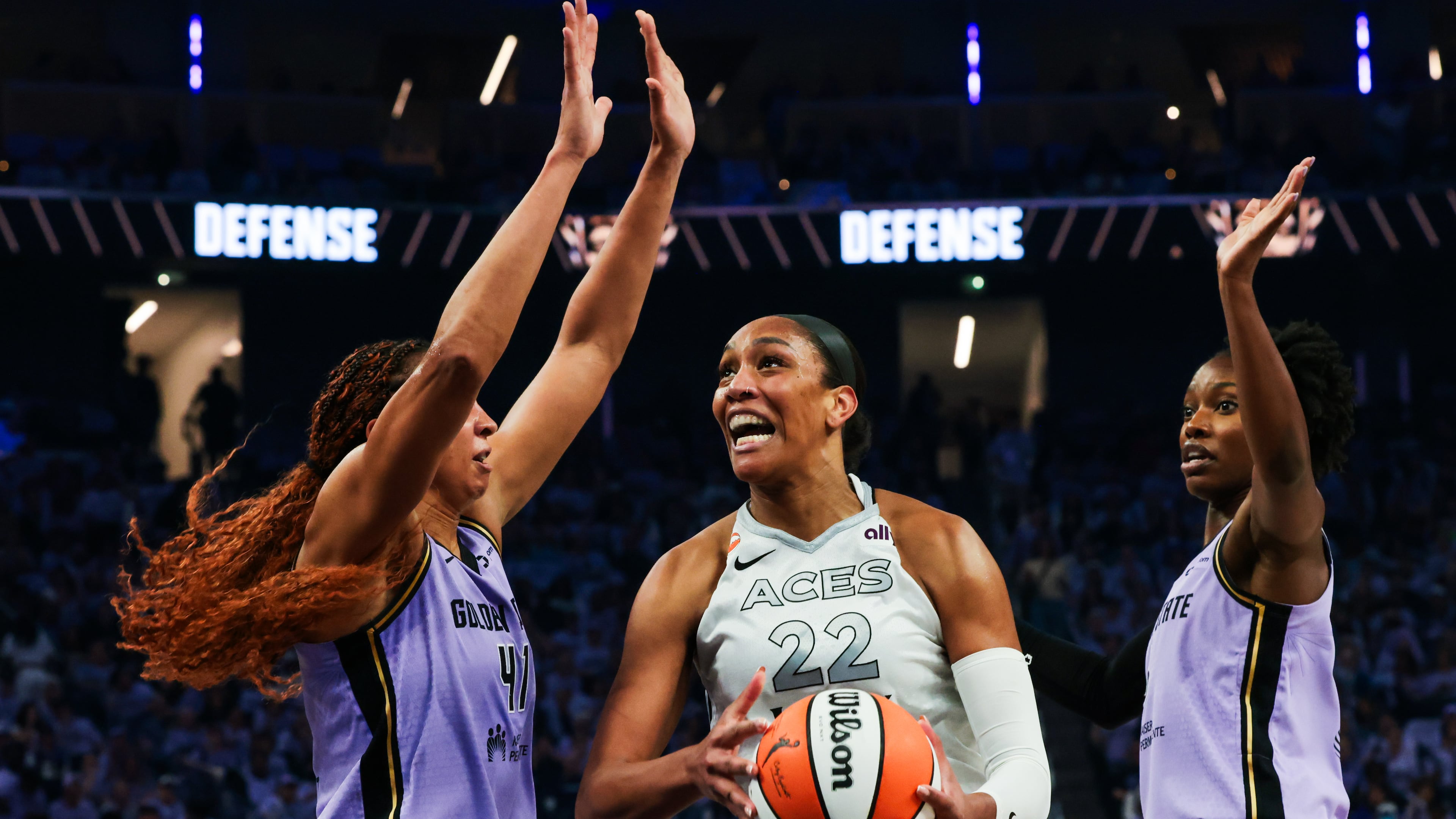 The Golden State Valkyries center Kiah Stokes (41) and guard Kaila Charles (6) block Las Vegas Aces center A'ja Wilson (22) during Game 2 of the WNBA Semifinals in San Francisco, Wednesday, Oct. 7, 2026. (Santiago Mejia/San Francisco Chronicle via AP)
