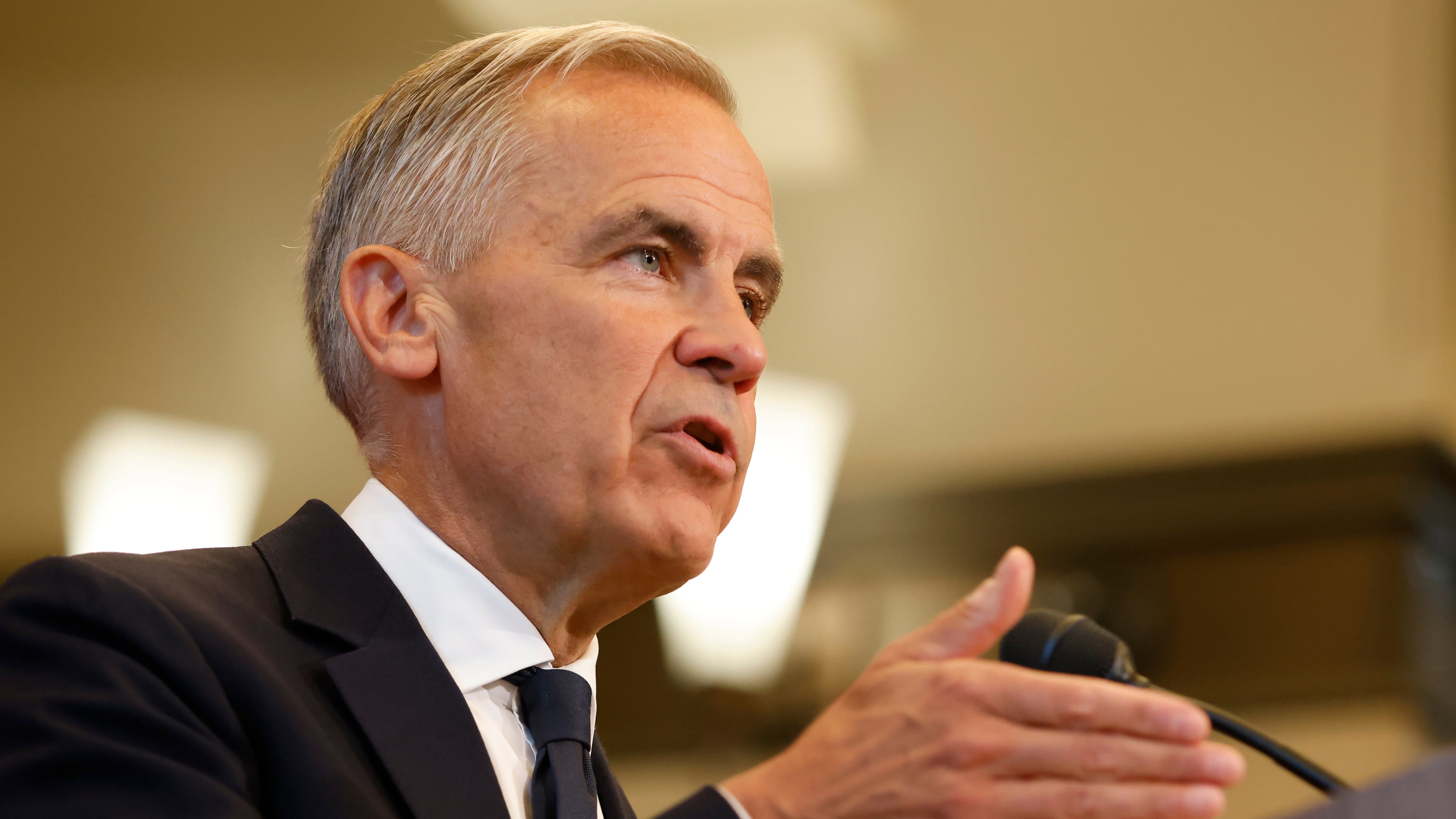 Prime Minister Mark Carney speaks about Canada's response to new U.S. tariffs during a news conference on Parliament Hill in Ottawa on Saturday, Aug. 22, 2026. (Patrick Doyle/The Canadian Press via AP)