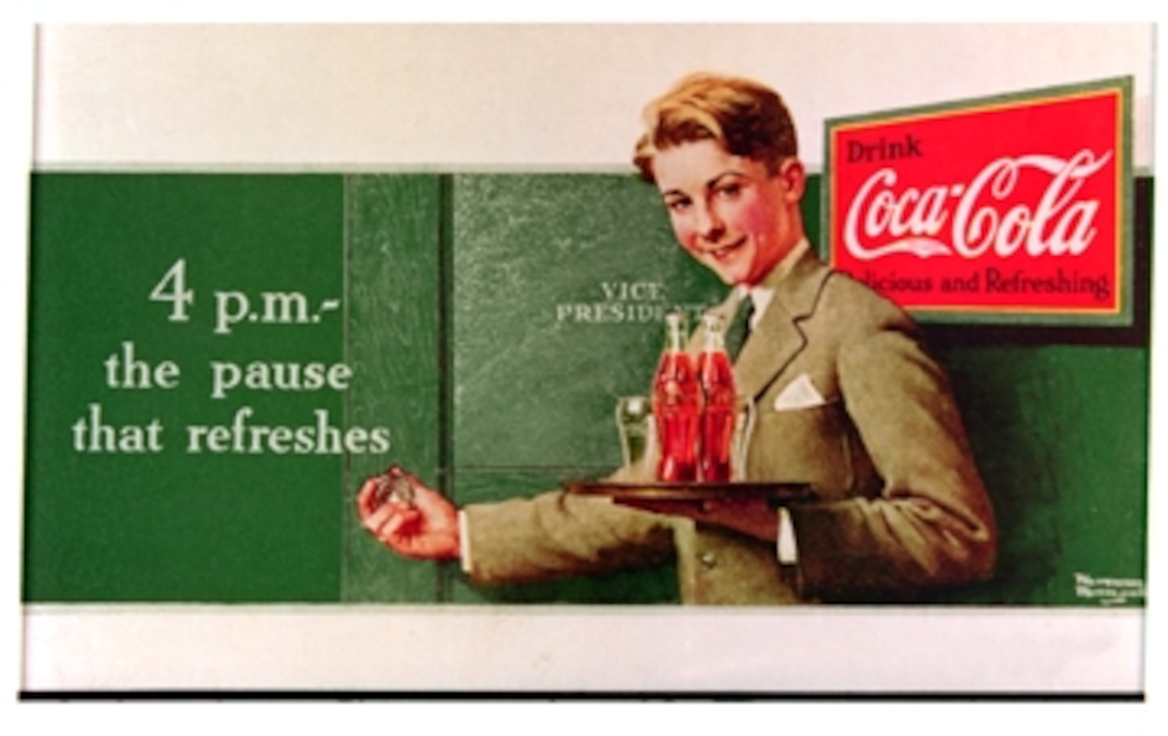 "Office Boy -- 4 p.m. -- The Pause That Refreshes" is one of three missing paintings artist Norman Rockwell did for Coca-Cola in the late 1920s through the 1930s. The piece, seen here in an advertisement, is valued at about $500,000. Rockwell's work for the beverage giant is part of a year-long exhibit at the World of Coca-Cola.