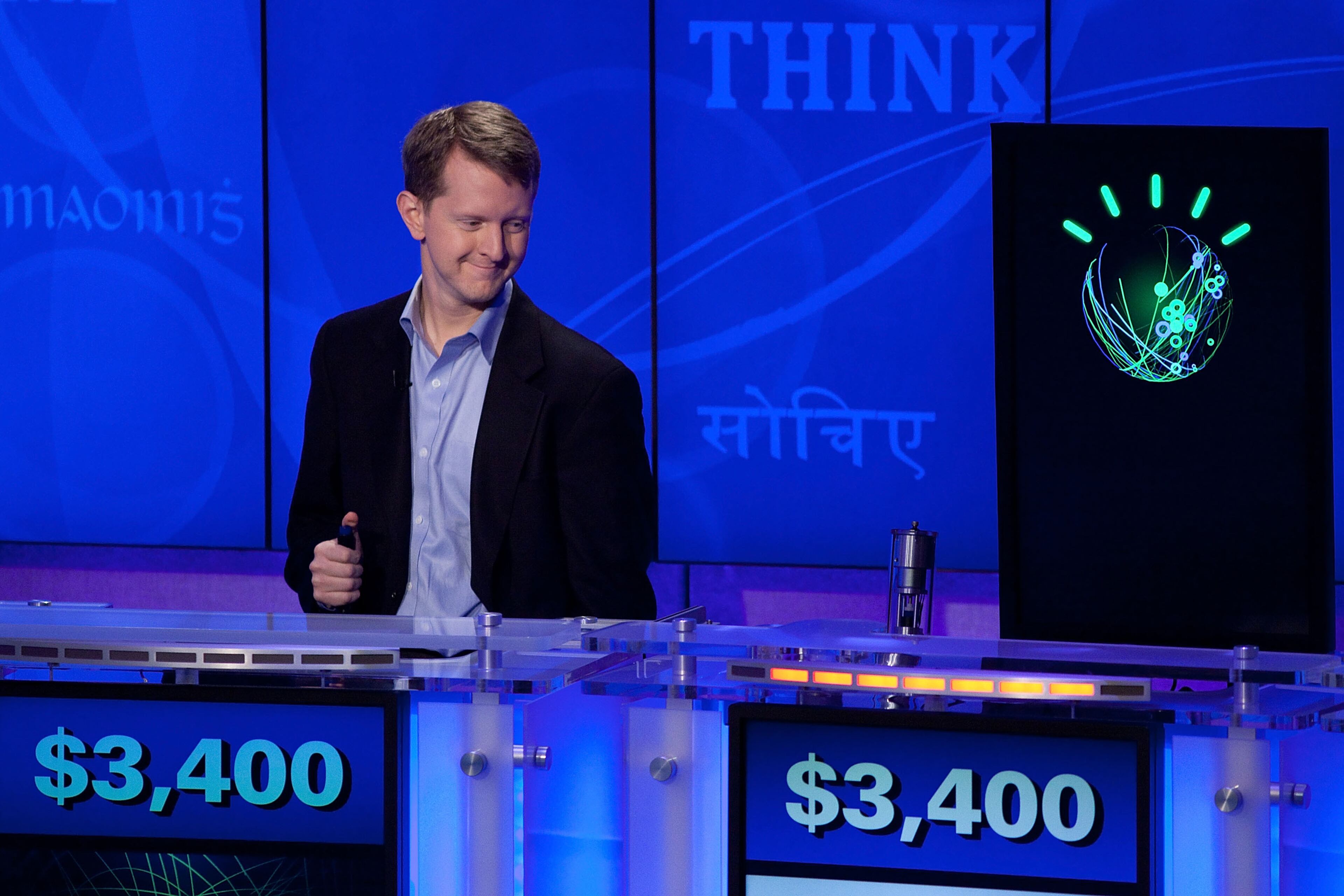 Contestant Ken Jennings competes against 'Watson' at a press conference to discuss the upcoming Man V. Machine "Jeopardy!" competition at the IBM T.J. Watson Research Center on January 13, 2011 in Yorktown Heights, New York. (Photo by Ben Hider/Getty Images)
