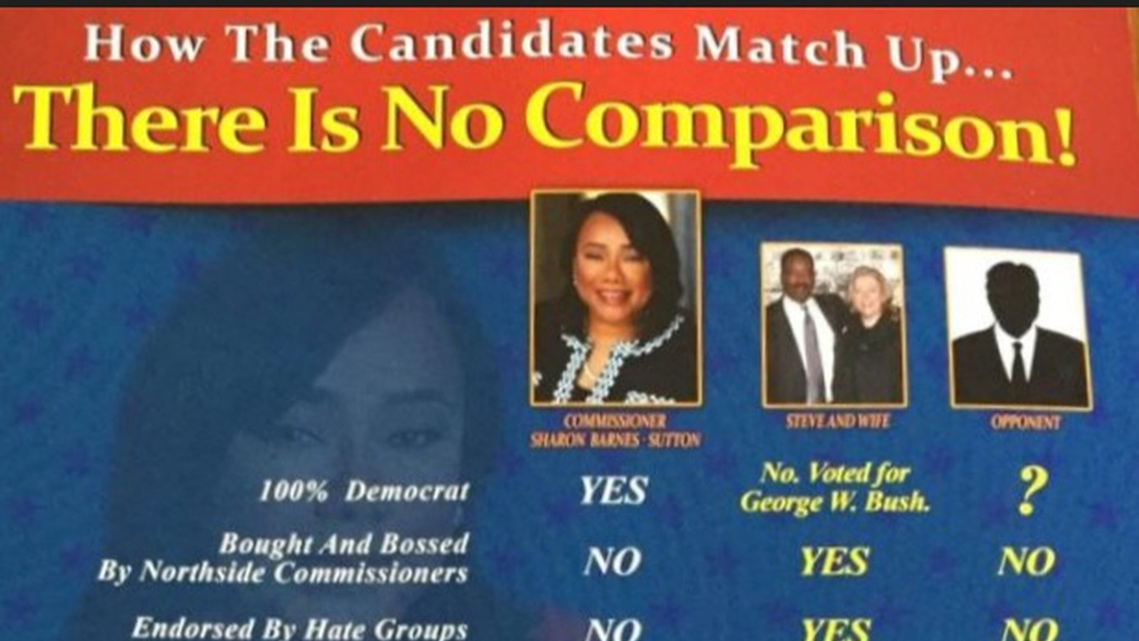A flier distributed by DeKalb County Commissioner Sharon Barnes Sutton seems to want to “out” her opponent, Steve Bradshaw, for being married to a white woman.