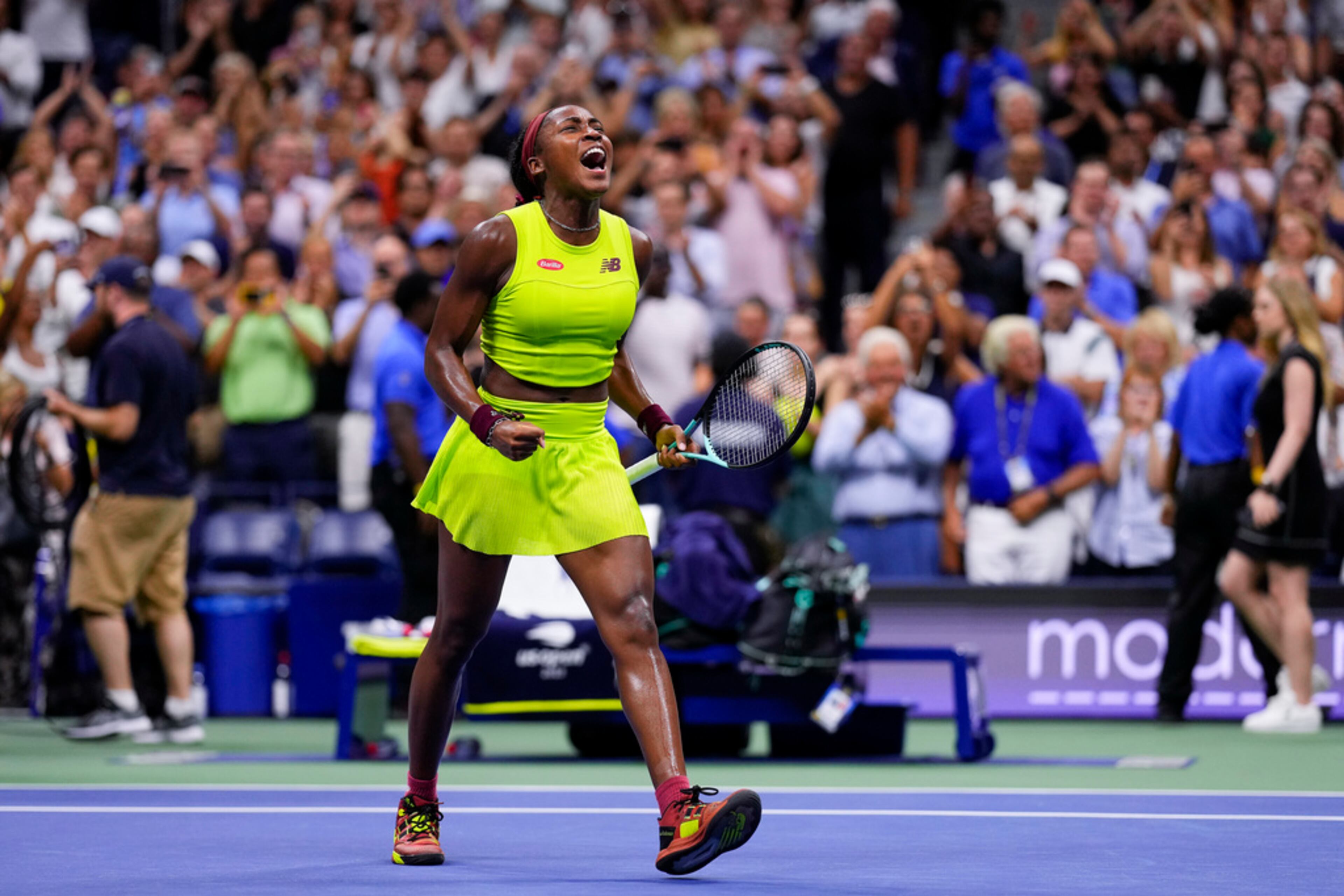 Coco Gauff, of the United States, reacts after defeating Karolina Muchova, of the Czech Republic, during the women's singles semifinals of the U.S. Open tennis championships, Thursday, Sept. 7, 2023, in New York. (AP Photo/Manu Fernandez)
