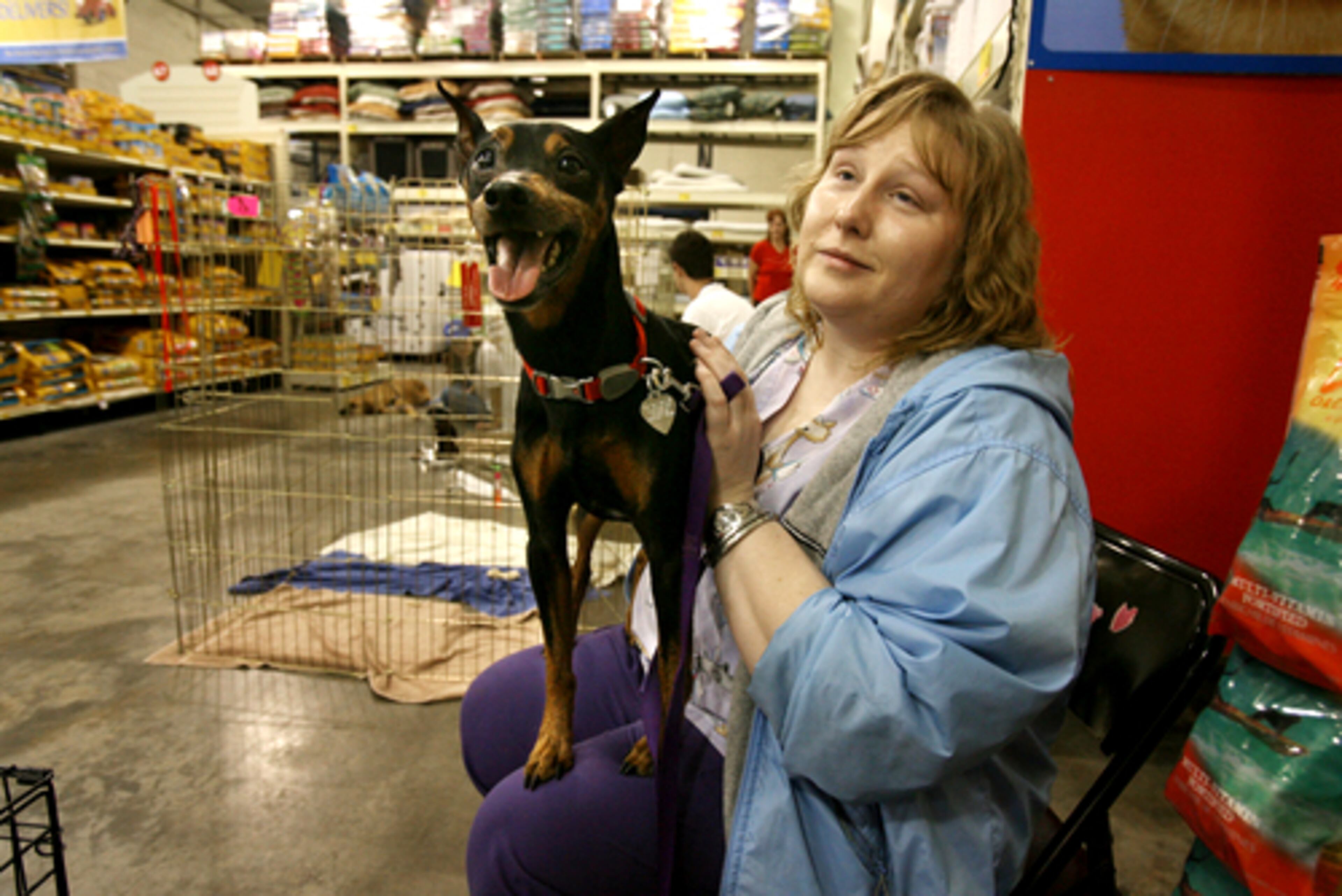 Fayette Humane Society volunteer Korie Wingate holds mini-pinscher Zack. Petsmart reports that in-store adoptions are down nationwide.