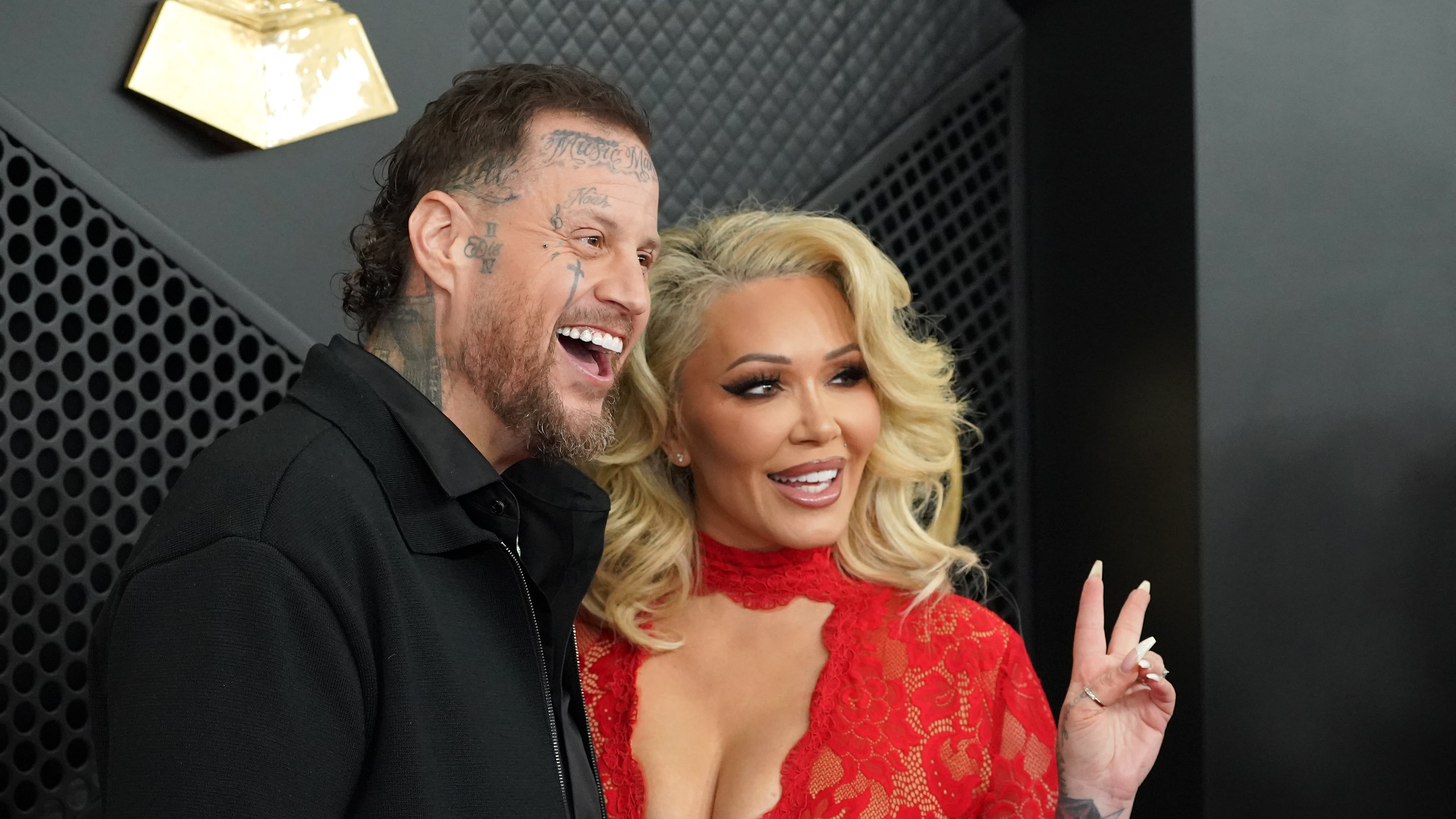FILE - Jelly Roll, left, and Bunnie XO arrive at the 68th annual Grammy Awards, Feb. 1, 2026, in Los Angeles. (Photo by Jordan Strauss/Invision/AP, File)